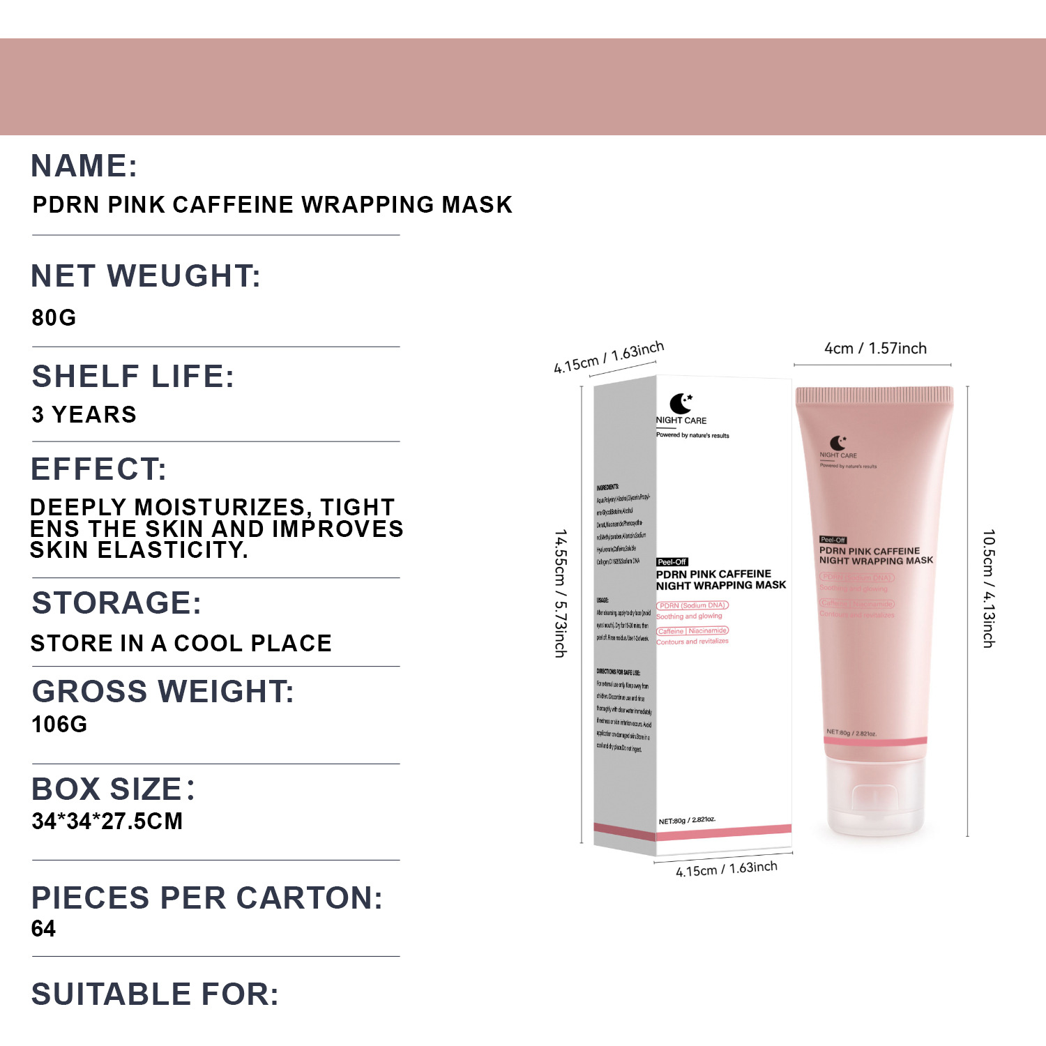  PDRN Caffeine Pink Peel Off Mask Firming Brightening Pore Purifying Daily Facial Skincare Treatment 80g