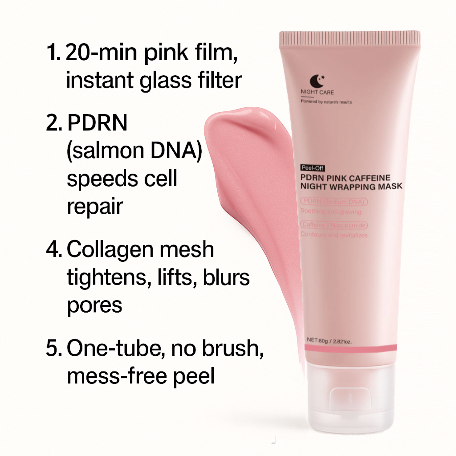  PDRN Caffeine Pink Peel Off Mask Firming Brightening Pore Purifying Daily Facial Skincare Treatment 80g