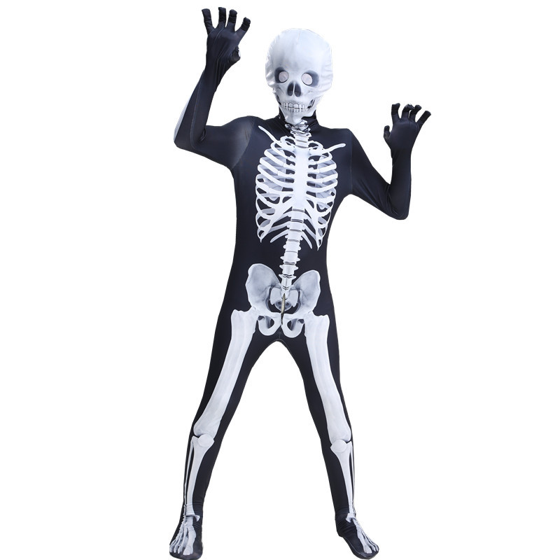 (100cm) Skeleton Onesie Halloween Outfit Prank Cosplay Skeleton Horror Toy Game Family Party Costume