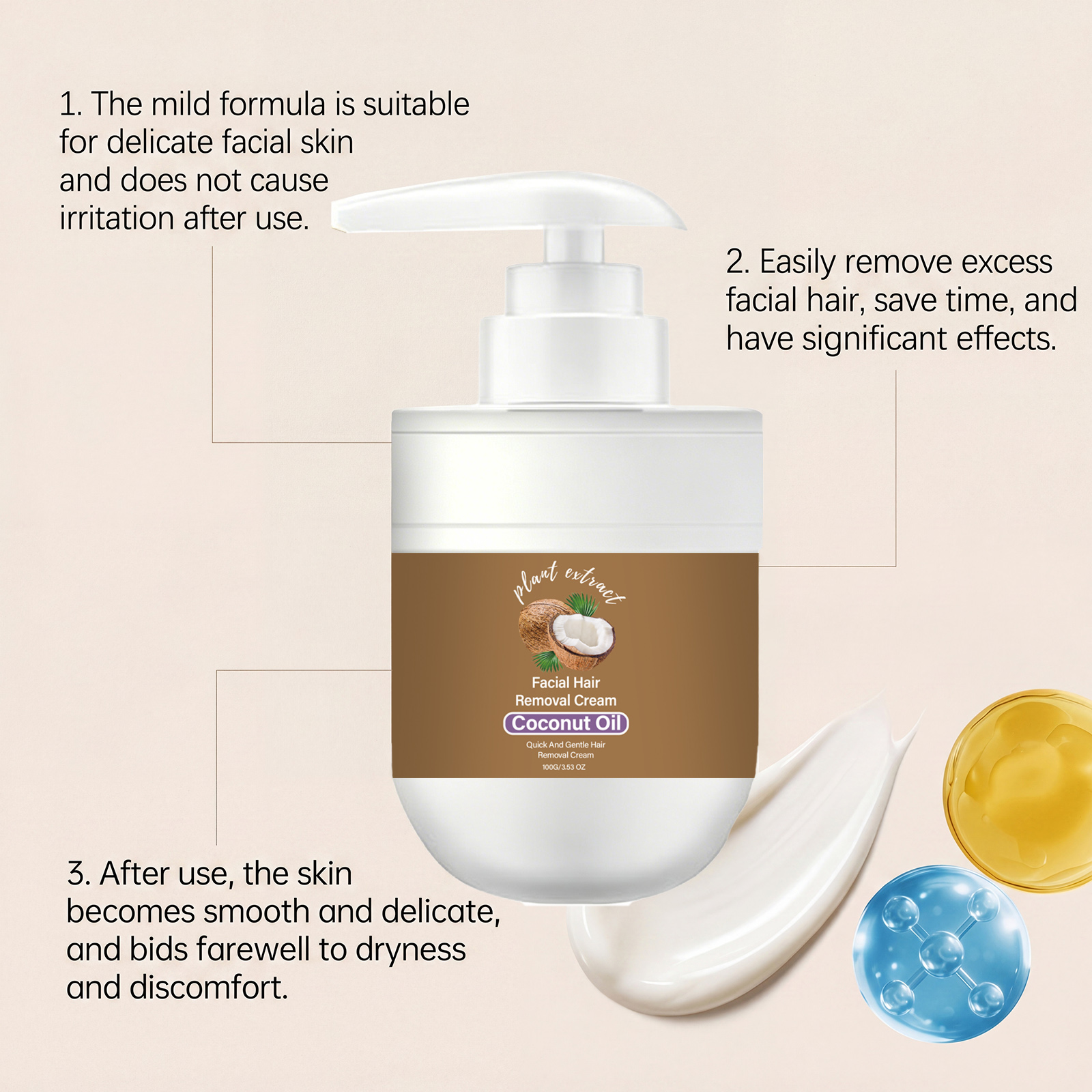 Coconut Mild Depilatory Cream For Facial Lips Fine Hairs Gentle Care Smooth Clean Delicate Skin