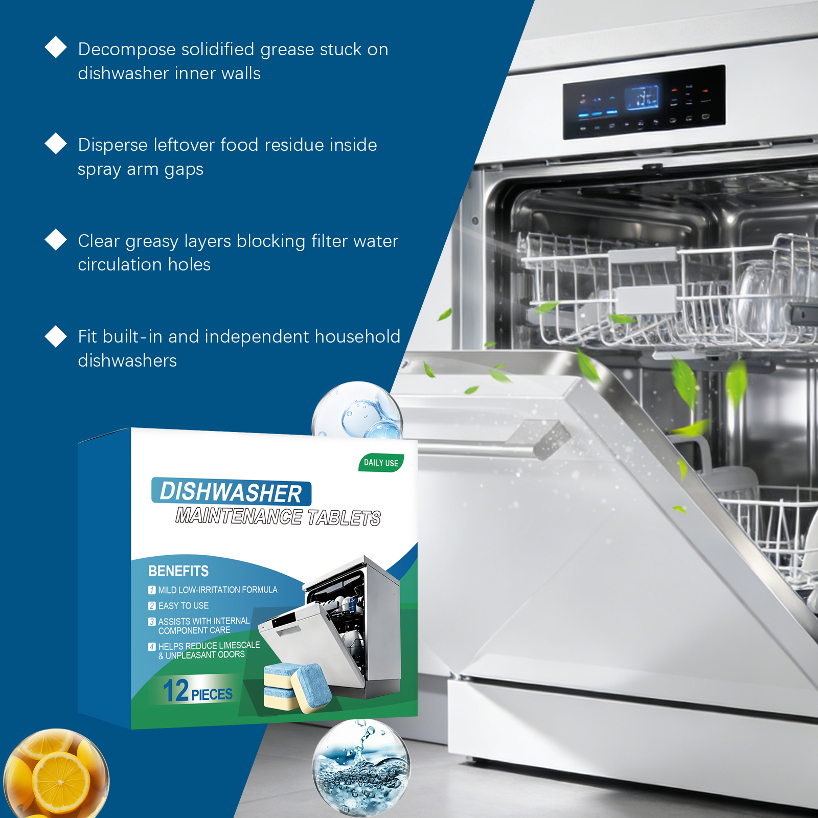 Dishwasher Cleaning Tablet Clean Decontaminate Descaling Fresh Bright Scale Residue Purify Polish Household