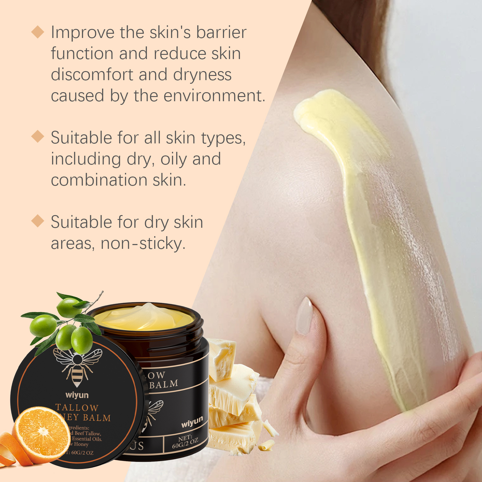Tallow Honey Moisturizing Cream Gentle Hydrating Nourishing Light Non Sticky Smooth Skin Care Lotion