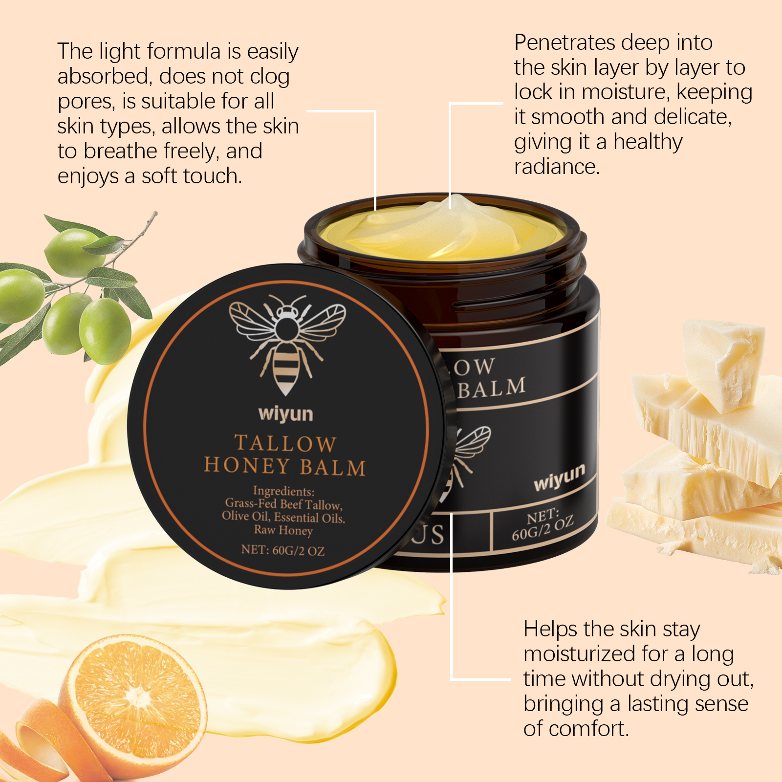 Tallow Honey Moisturizing Cream Gentle Hydrating Nourishing Light Non Sticky Smooth Skin Care Lotion