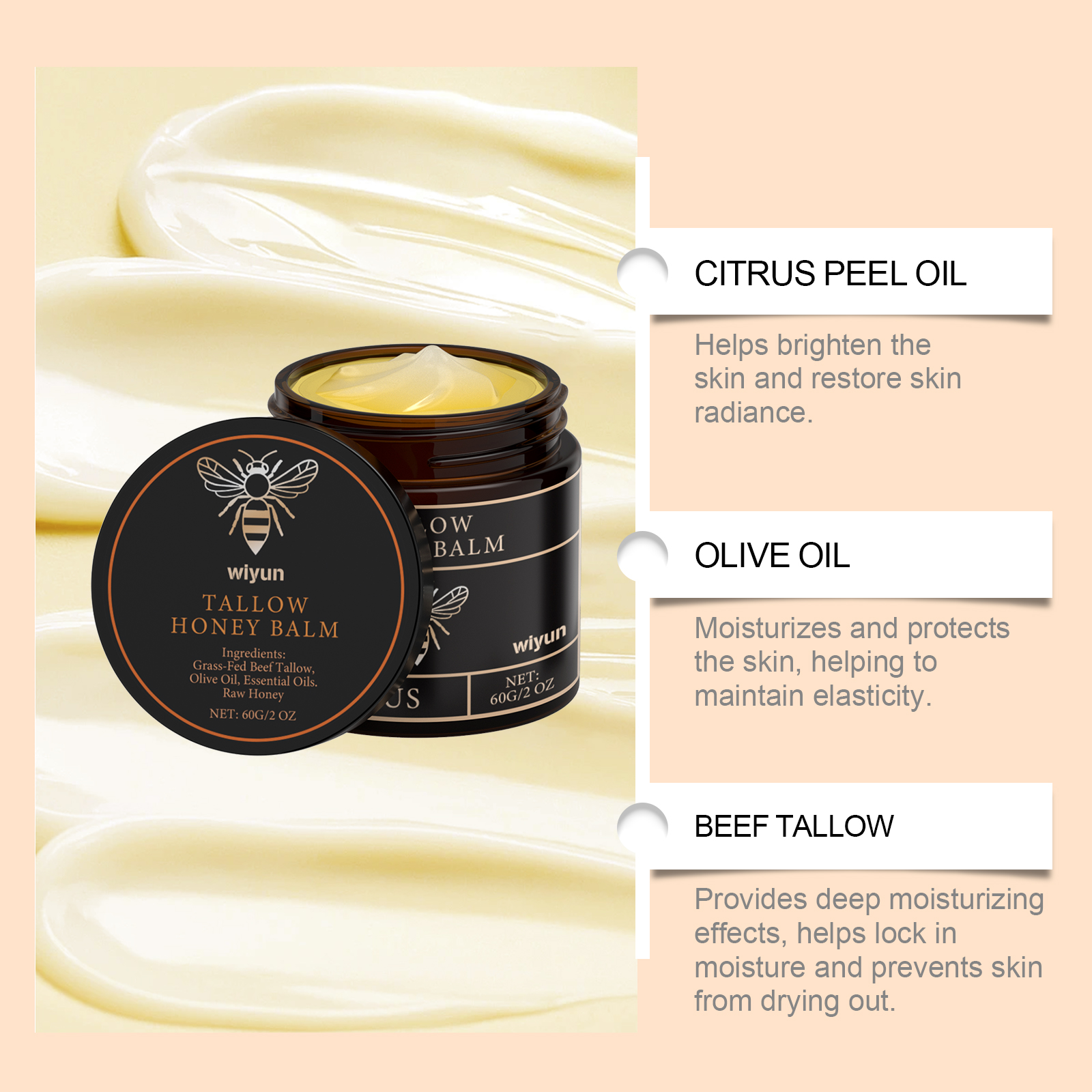 Tallow Honey Moisturizing Cream Gentle Hydrating Nourishing Light Non Sticky Smooth Skin Care Lotion