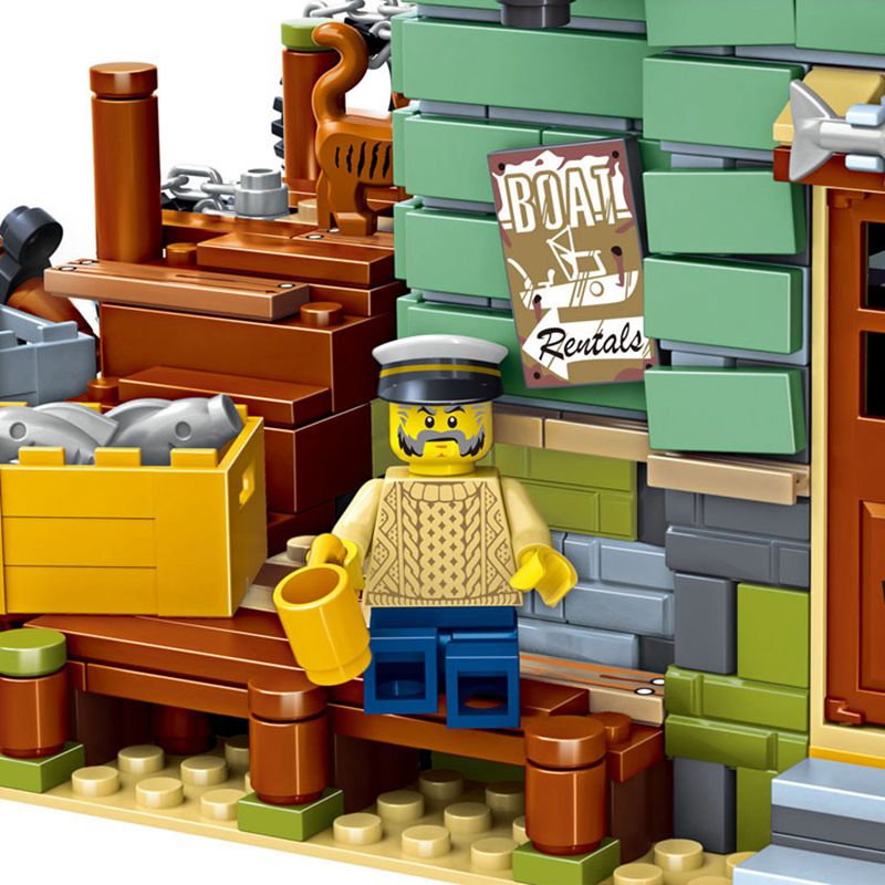 Old Fishing Store Wharf Fisherman Cabin Mini Size Building Blocks Idea Street View Wooden House Bricks Toys For Kids