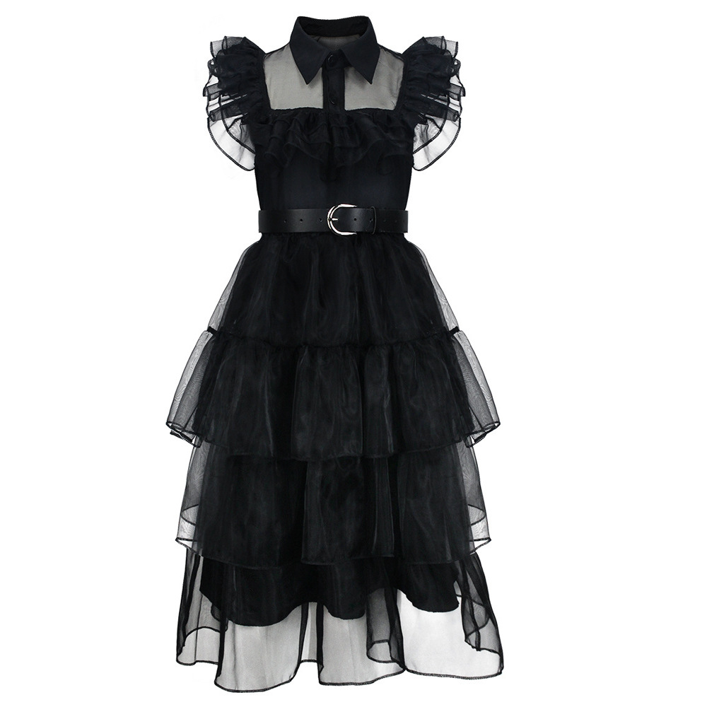 (110~120cm) Wednesday Addams Costume Dress for Girls Dress Up Fancy Halloween Cosplay Outfit Christmas Party