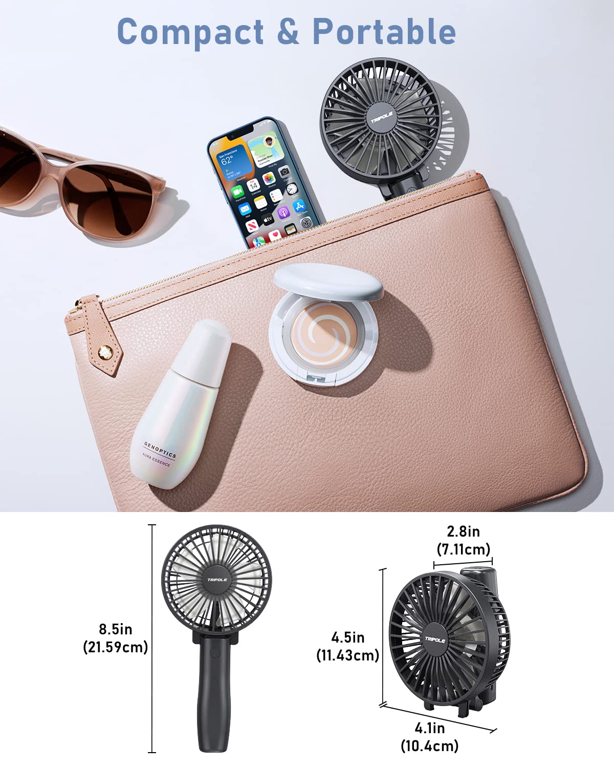 (Black) TriPole Handheld Fan Rechargeable Foldable Battery USB Fan Personal Pocket Fan 3 Speed Mini Handheld Desk Fan Adjustable Portable Fan for Indoor Camp Sport