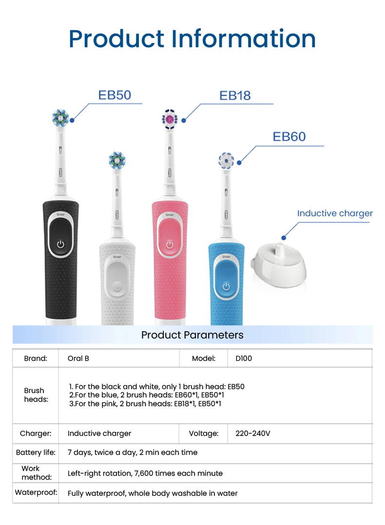(WHITE with 1head) Oral B Electric Toothbrush 2D Vitality Cleaning Teeth Brush Waterproof Electronic Teeth Brush Inductive Charger With Timer