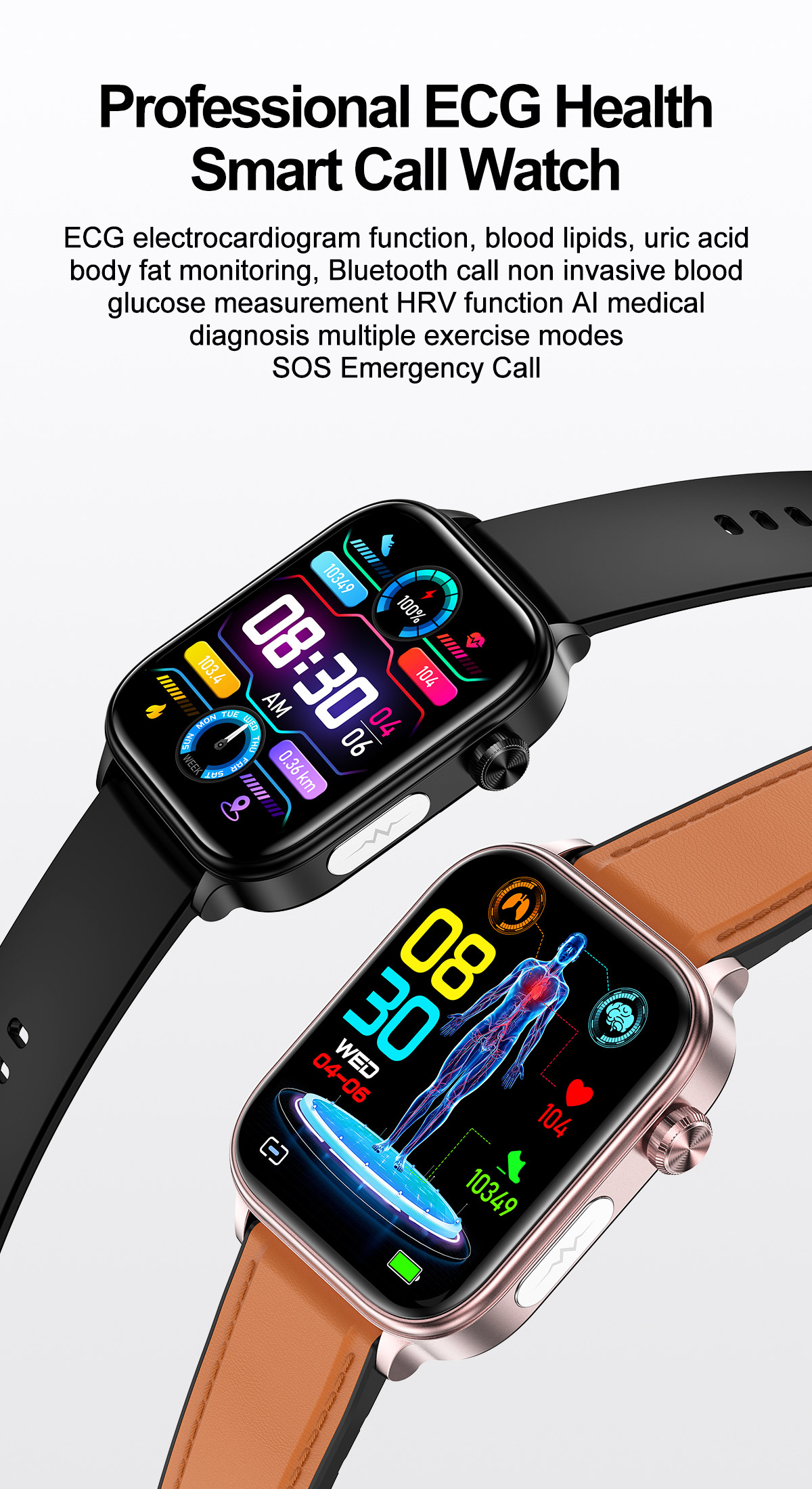 (Black) Women Smartwatch Medical Diagnosis Smart Watch HD Bluetooth Call ECG Blood Glucose Uric Acid Blood Lipids Monitoring