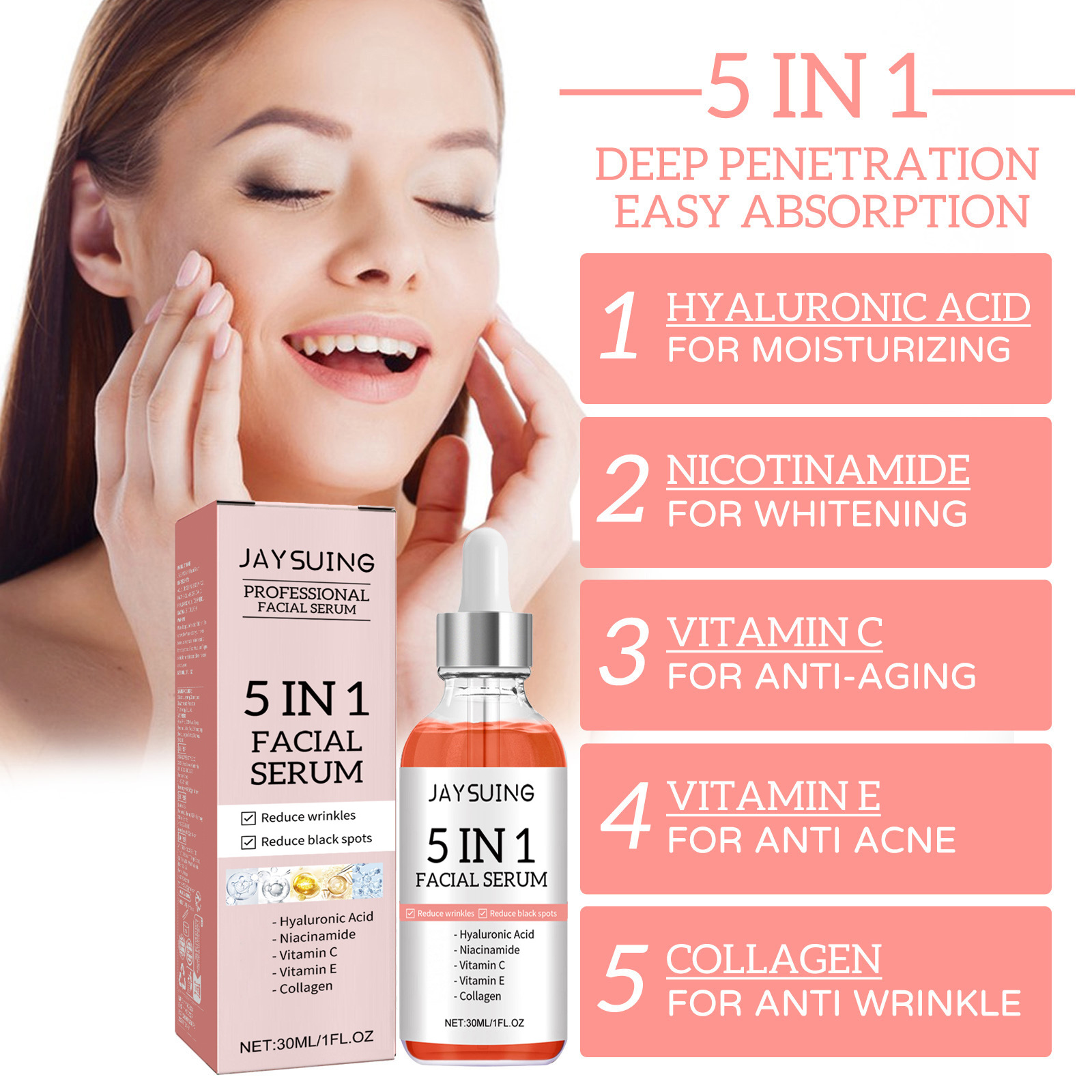 Jaysuing 5 In 1 Facial Serum Fade Fine Lines Firming Skin Shrink Pores Moisturizing Hyaluronic Acid Face Serum