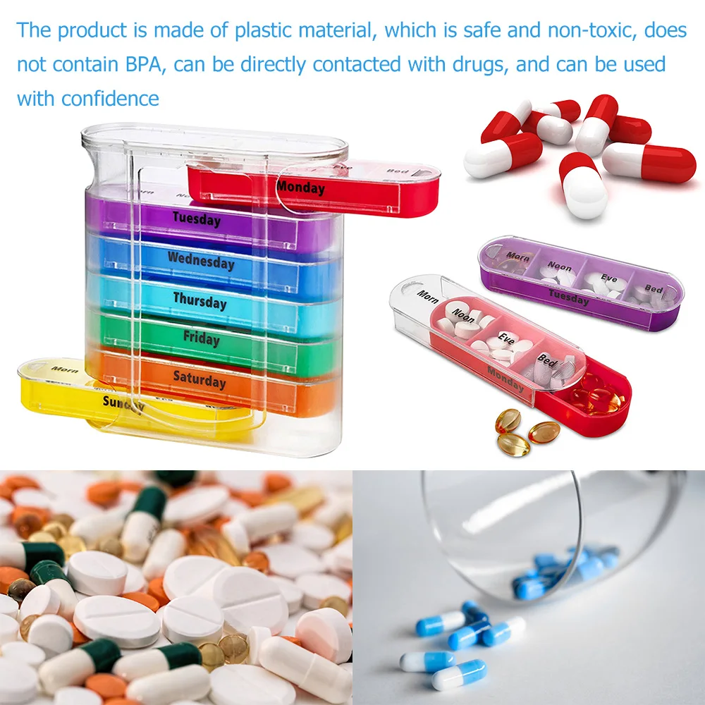 Portable Pill Box 7 Days Pill Medicine Box Weekly Monthly Tablet Holder Storage Organizer Container Case Pill Dispenser Splitters Pharmacy Pill Case Stackable