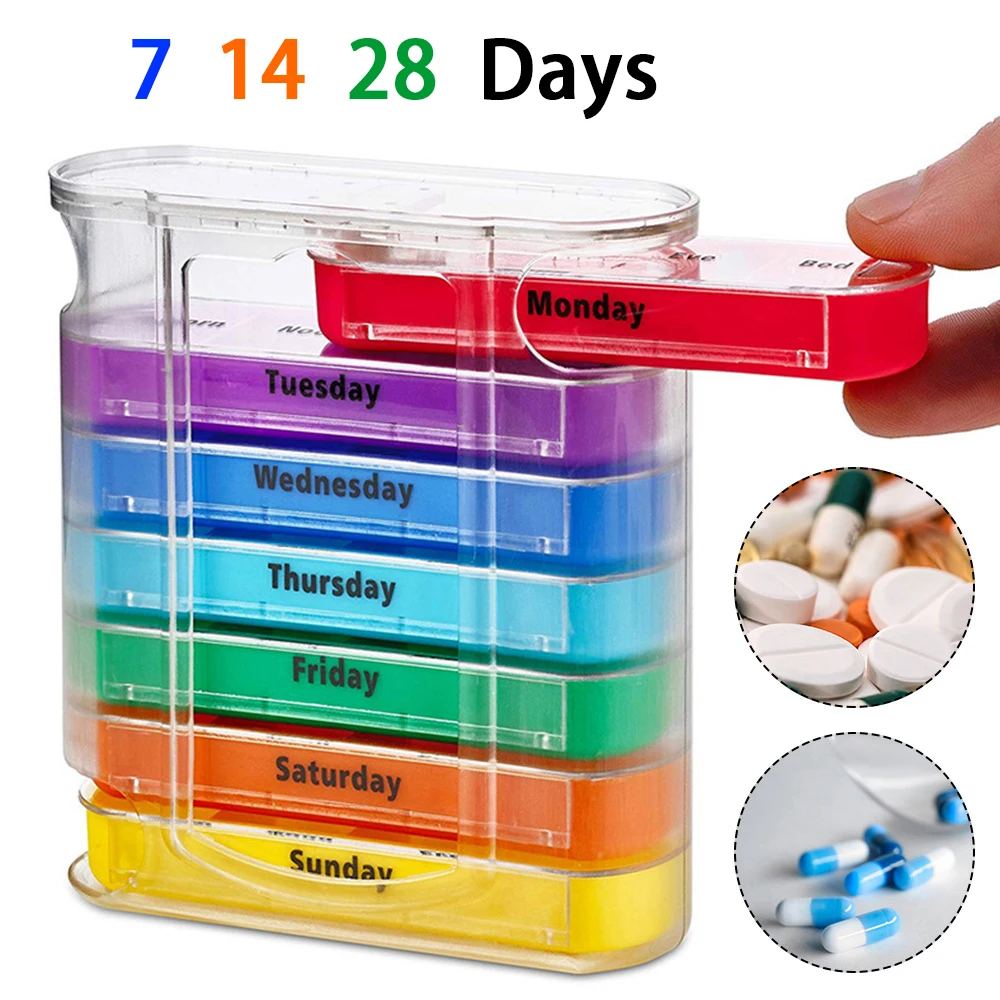 Portable Pill Box 7 Days Pill Medicine Box Weekly Monthly Tablet Holder Storage Organizer Container Case Pill Dispenser Splitters Pharmacy Pill Case Stackable