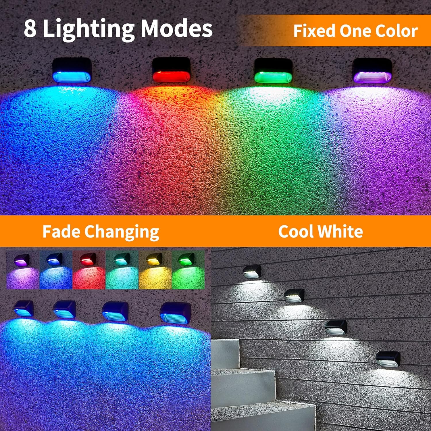 Solar Fence Lights 4 Pack Wall Solar Lights Outdoor Garden Fence with White Light and Multi-Color Light 8 Modes Outdoor Light Waterproof for Garden Ornaments 