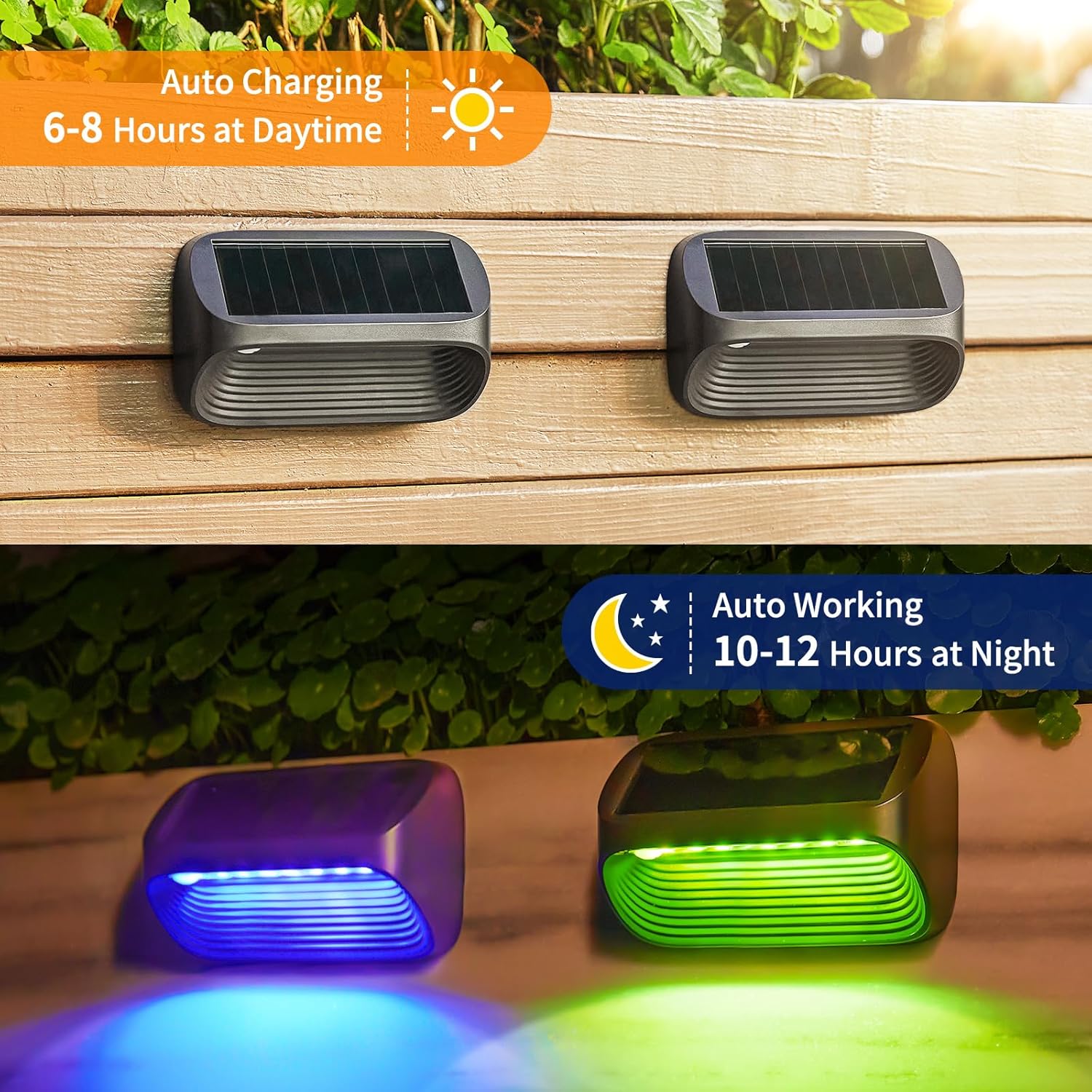 Solar Fence Lights 4 Pack Wall Solar Lights Outdoor Garden Fence with White Light and Multi-Color Light 8 Modes Outdoor Light Waterproof for Garden Ornaments 