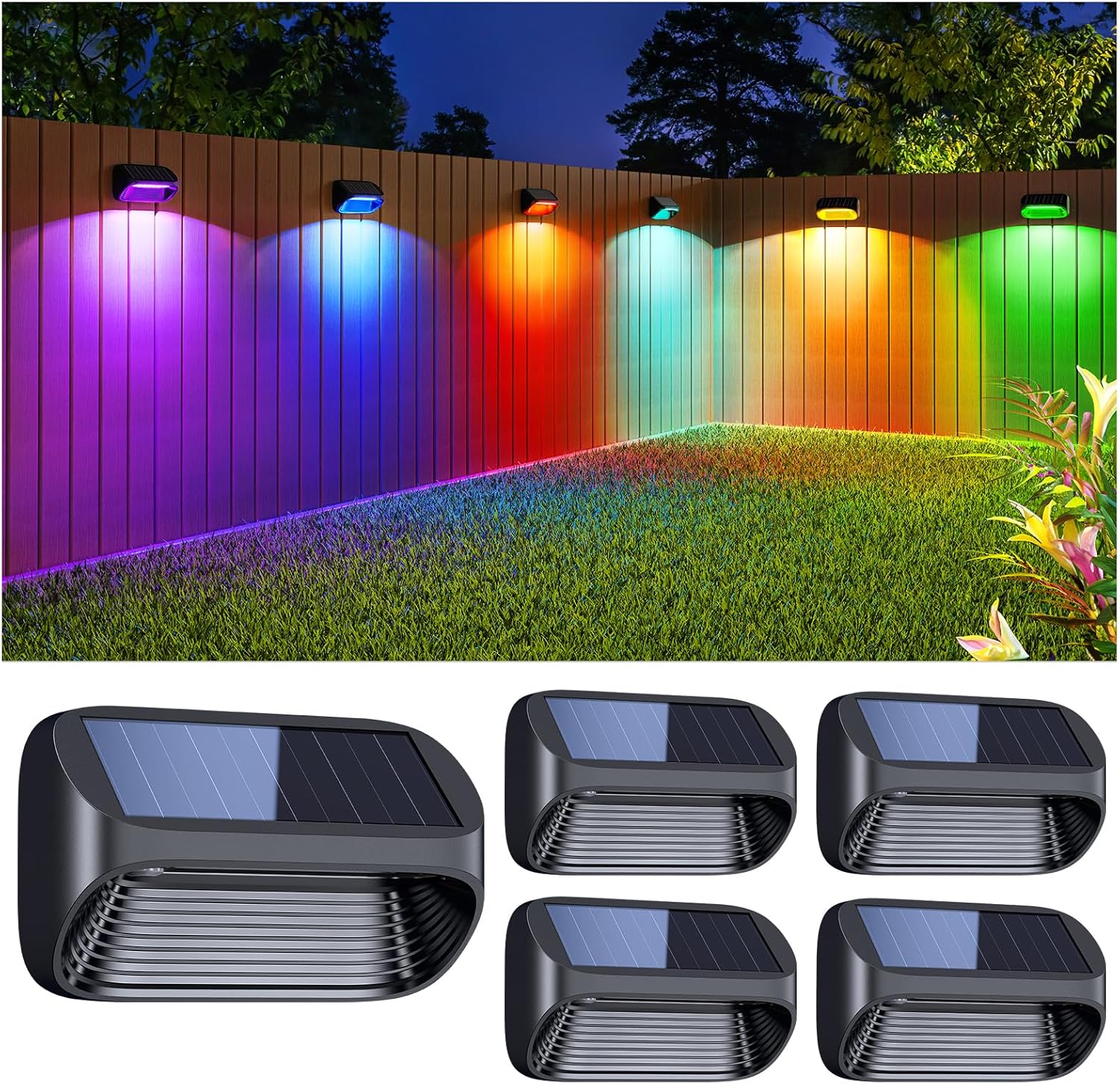 Solar Fence Lights 4 Pack Wall Solar Lights Outdoor Garden Fence with White Light and Multi-Color Light 8 Modes Outdoor Light Waterproof for Garden Ornaments 