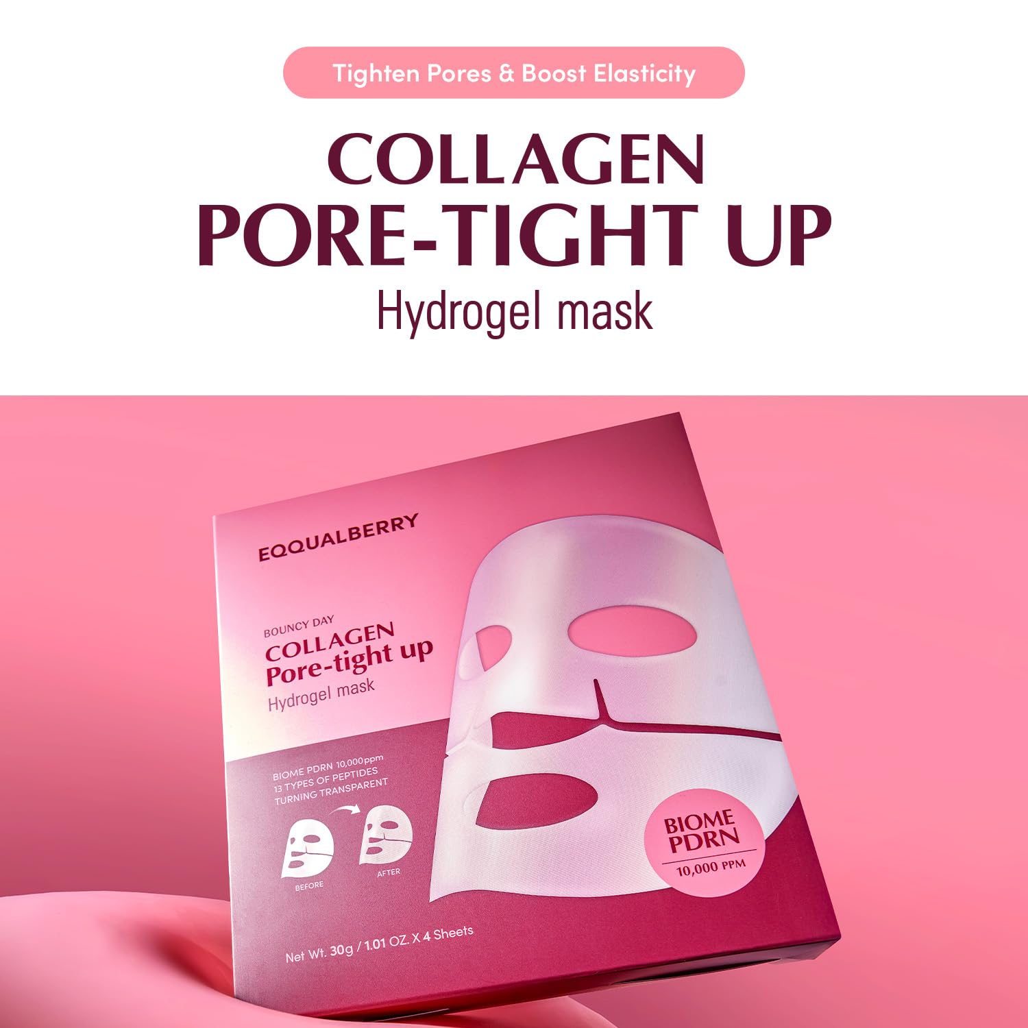 EQQUALBERRY Collagen Pore Tight Up Mask PDRN Low Molecular Collagen for Pore Minimizing and Firming Korean Collagen Face Mask for Glass Skin Pore Care 4 Sheets