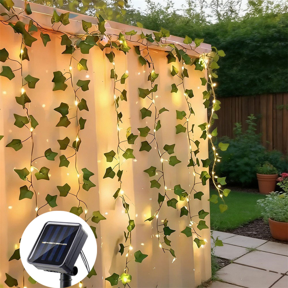 Solar Rattan Green Leaf Light String Garden Summer Wedding Fairy Garland for Yard Fence Holiday Party Decoration Outdoor