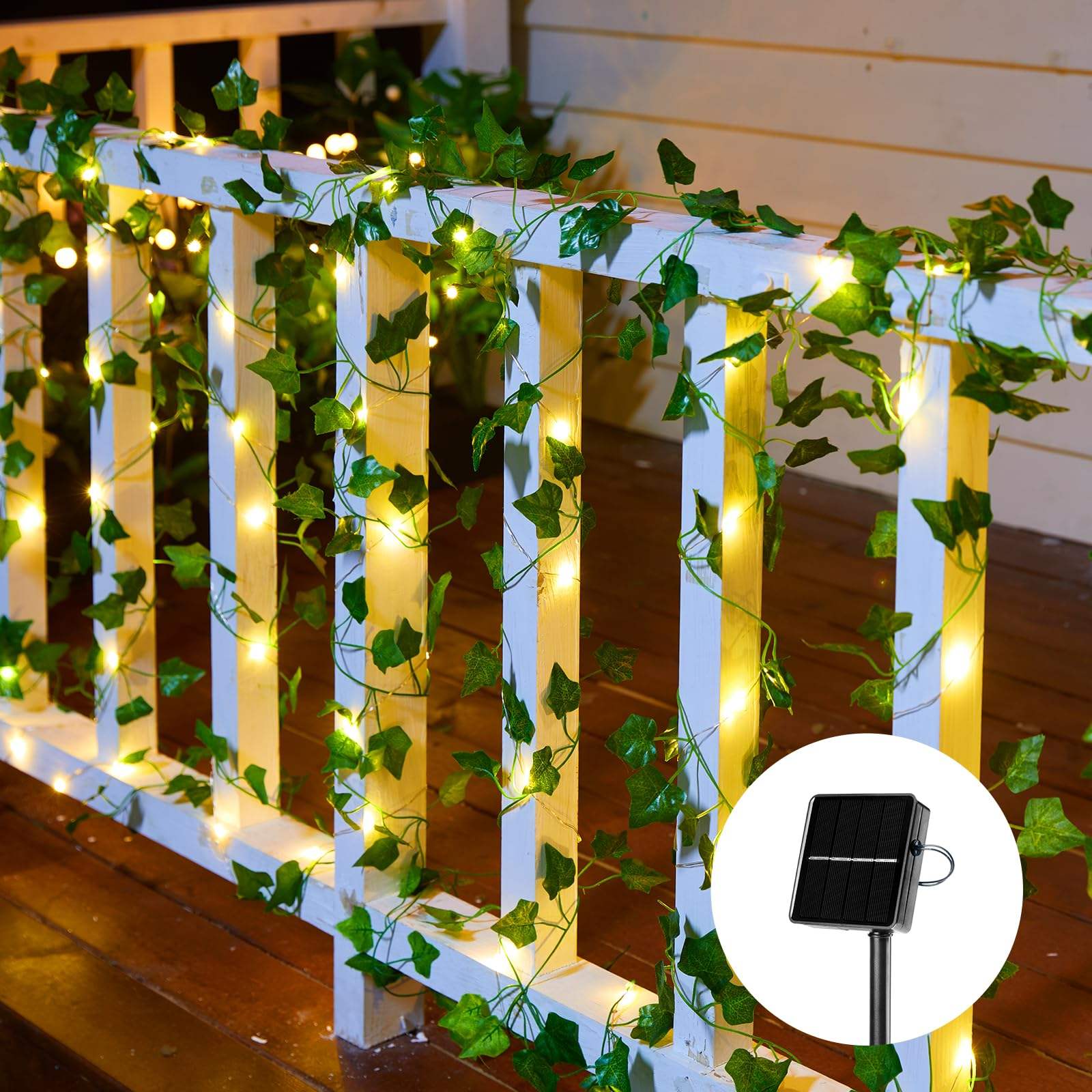 (4-Lvy vine) Solar Rattan Green Leaf Light String Garden Summer Wedding Fairy Garland for Yard Fence Holiday Party Decoration Outdoor