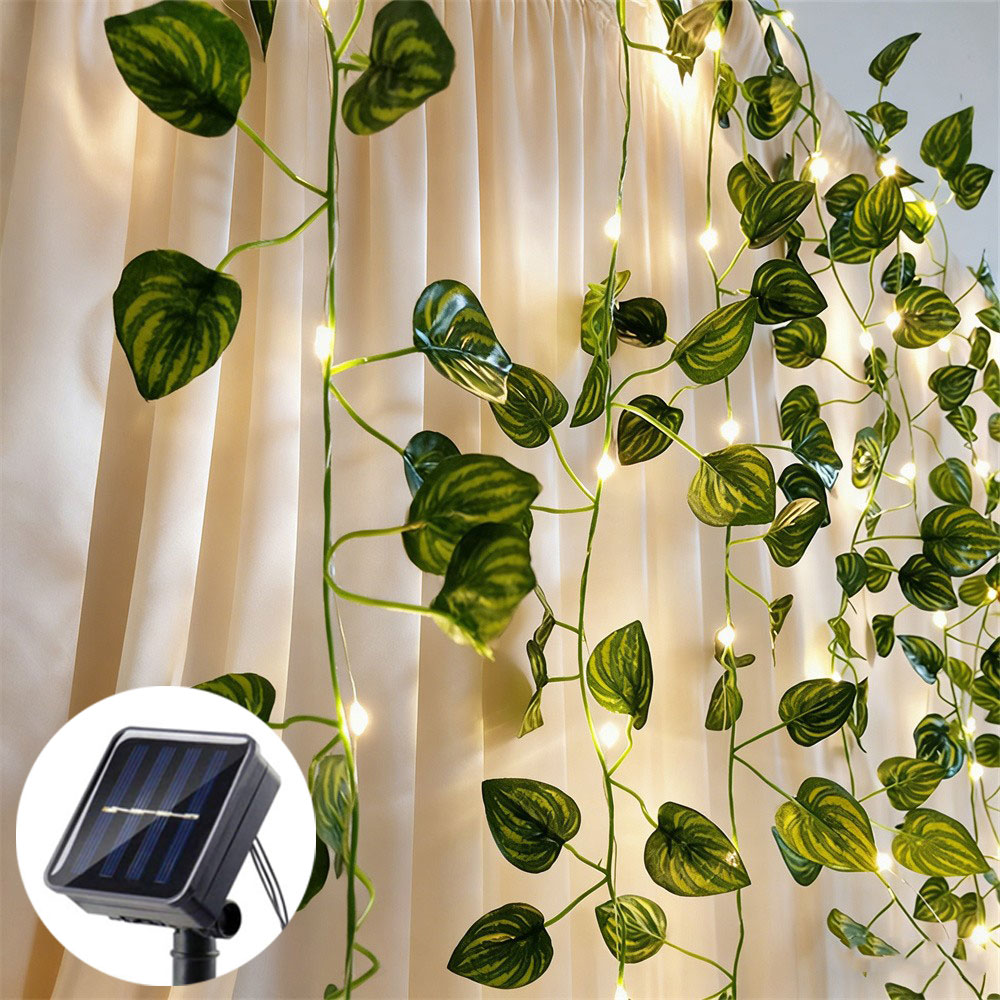 (4-Lvy vine) Solar Rattan Green Leaf Light String Garden Summer Wedding Fairy Garland for Yard Fence Holiday Party Decoration Outdoor