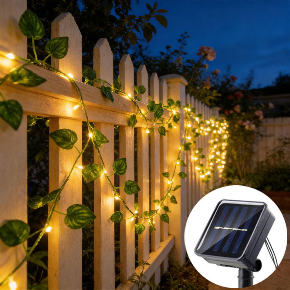 (4-Lvy vine) Solar Rattan Green Leaf Light String Garden Summer Wedding Fairy Garland for Yard Fence Holiday Party Decoration Outdoor