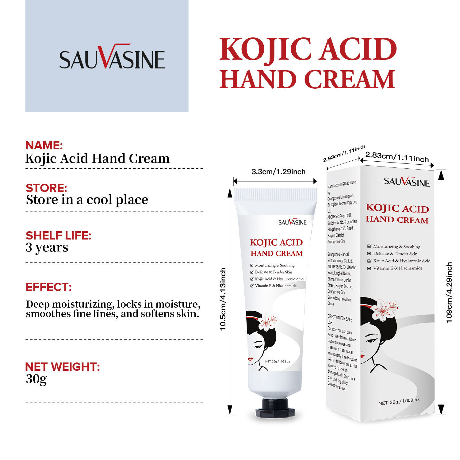 Kojic Acid Hand Cream Moisturising Brightening Nourishing for Daily Skin Care Natural 30g
