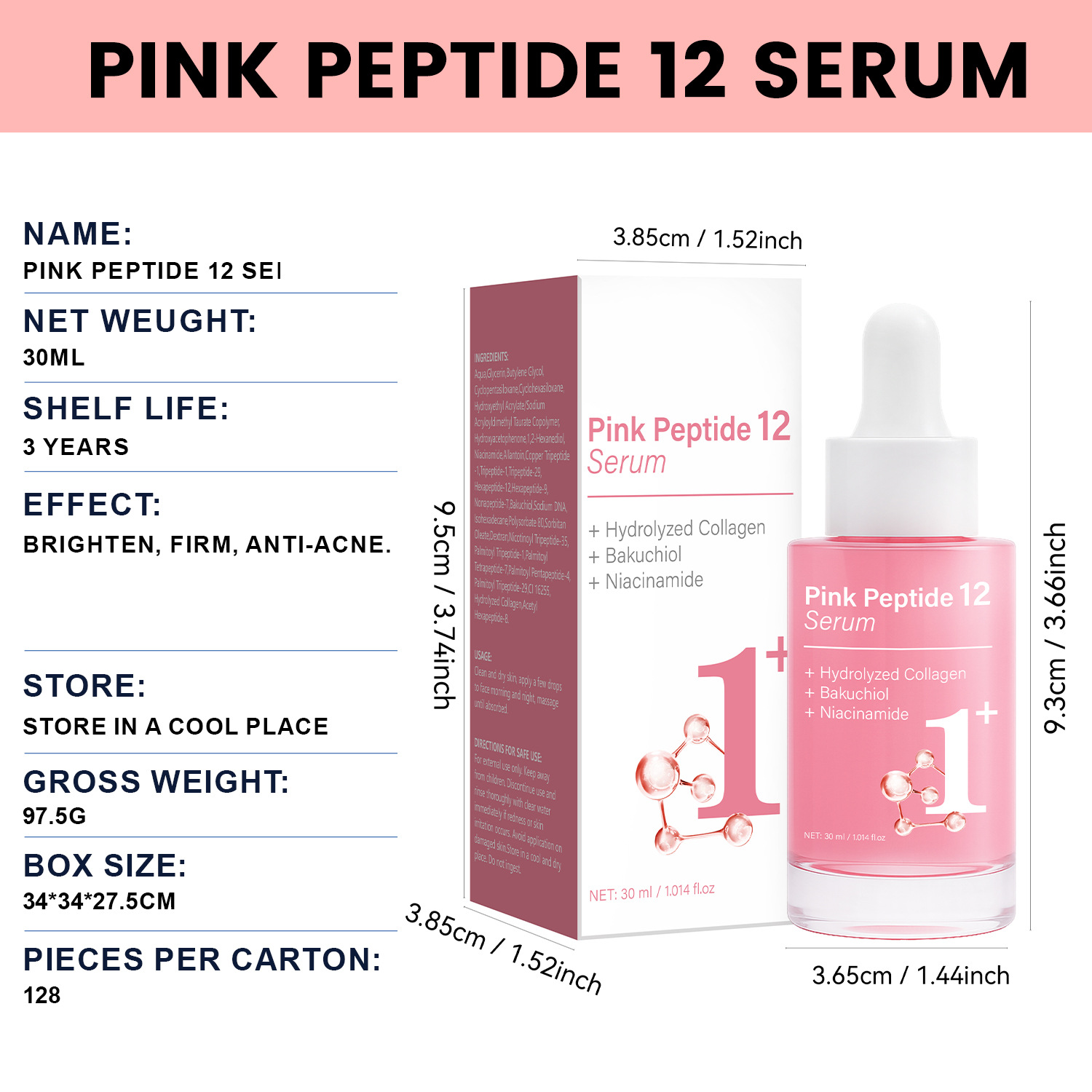 Pink Peptide 12 Firming Essence Smoothing Hydrating Anti Aging Serum For Daily Face Skin Care Treatment 30ml