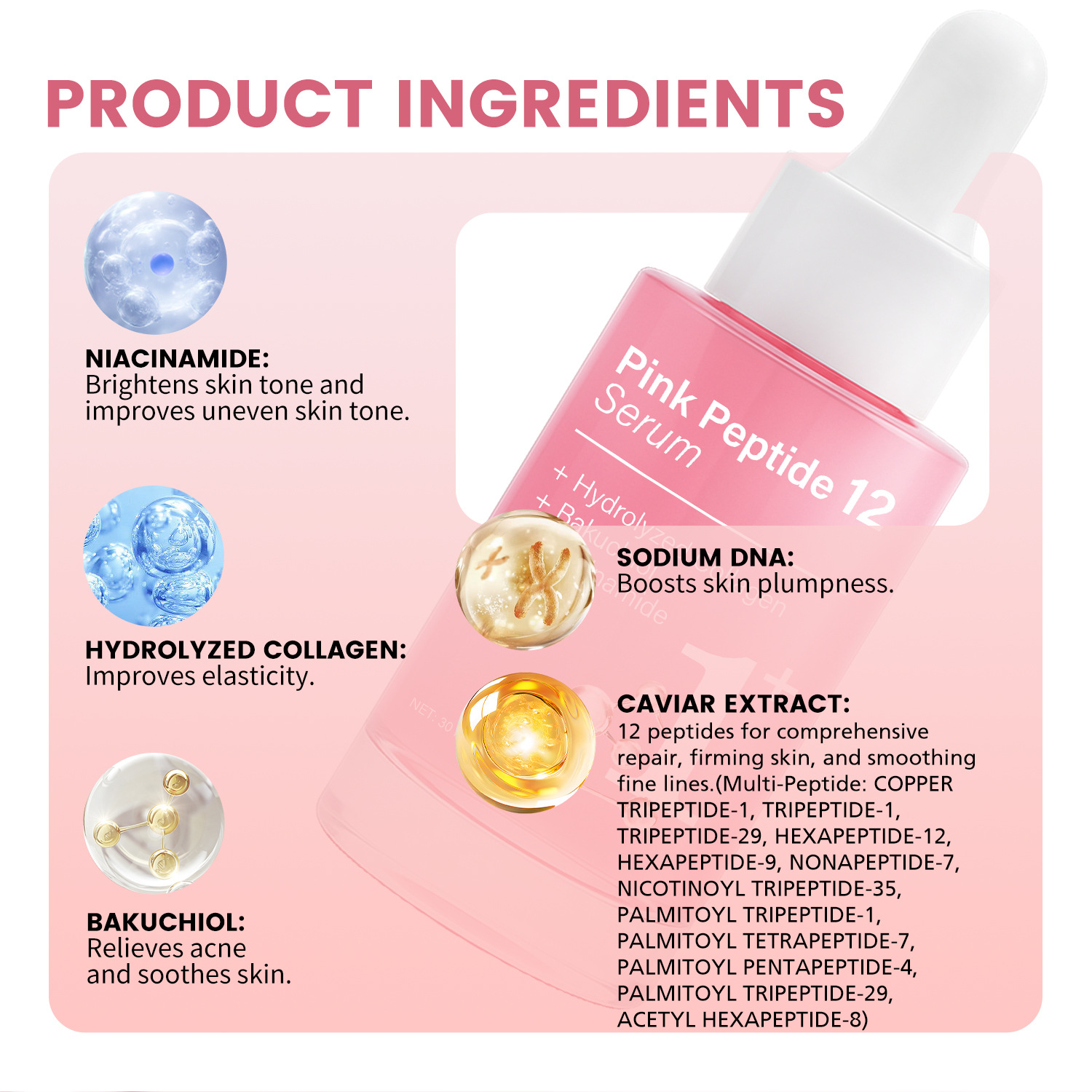 Pink Peptide 12 Firming Essence Smoothing Hydrating Anti Aging Serum For Daily Face Skin Care Treatment 30ml