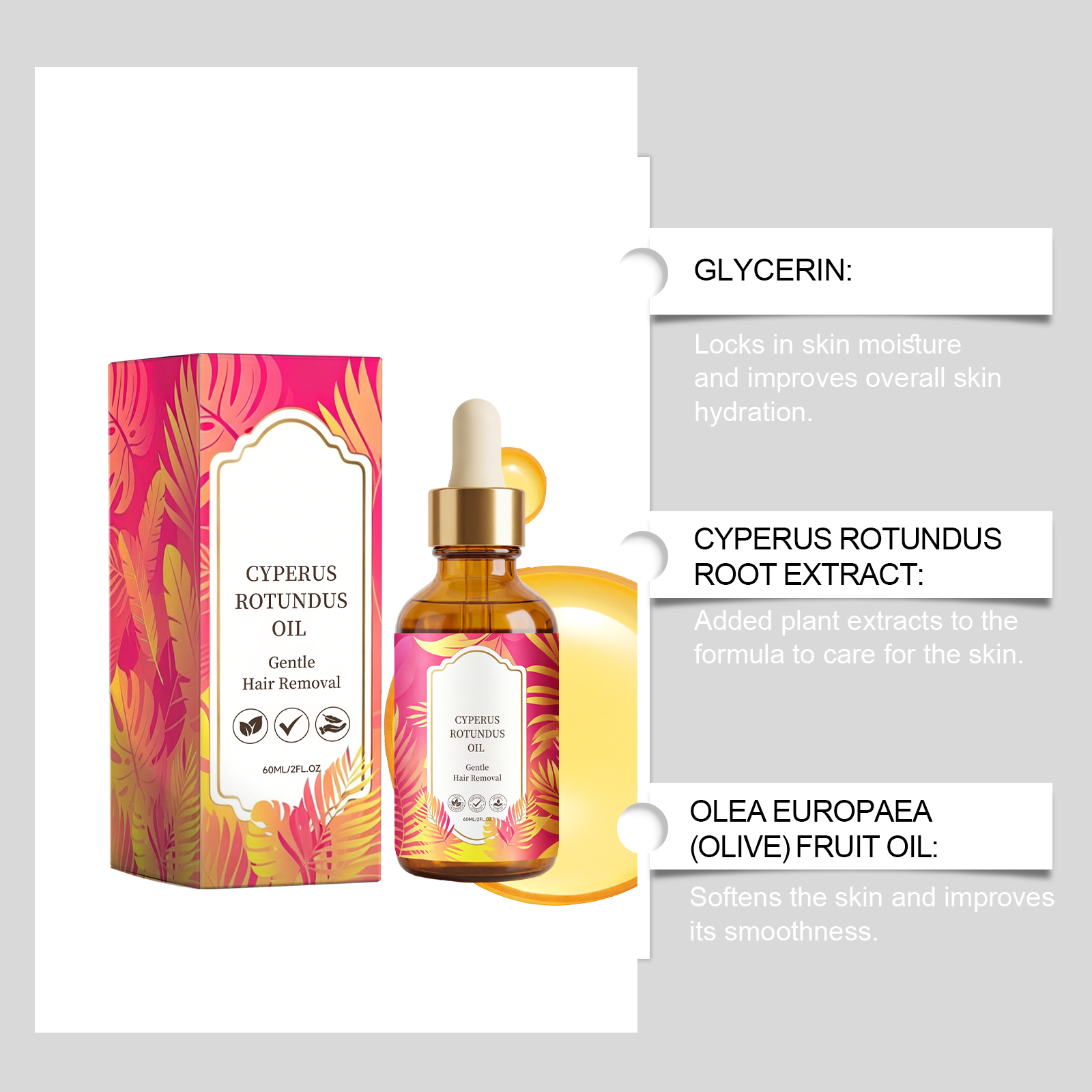 Cyperus Rotundus Hair Removal Oil Soft Skin Mild Care Improve Texture Daily Moisturizing Clean Body Hair Surface