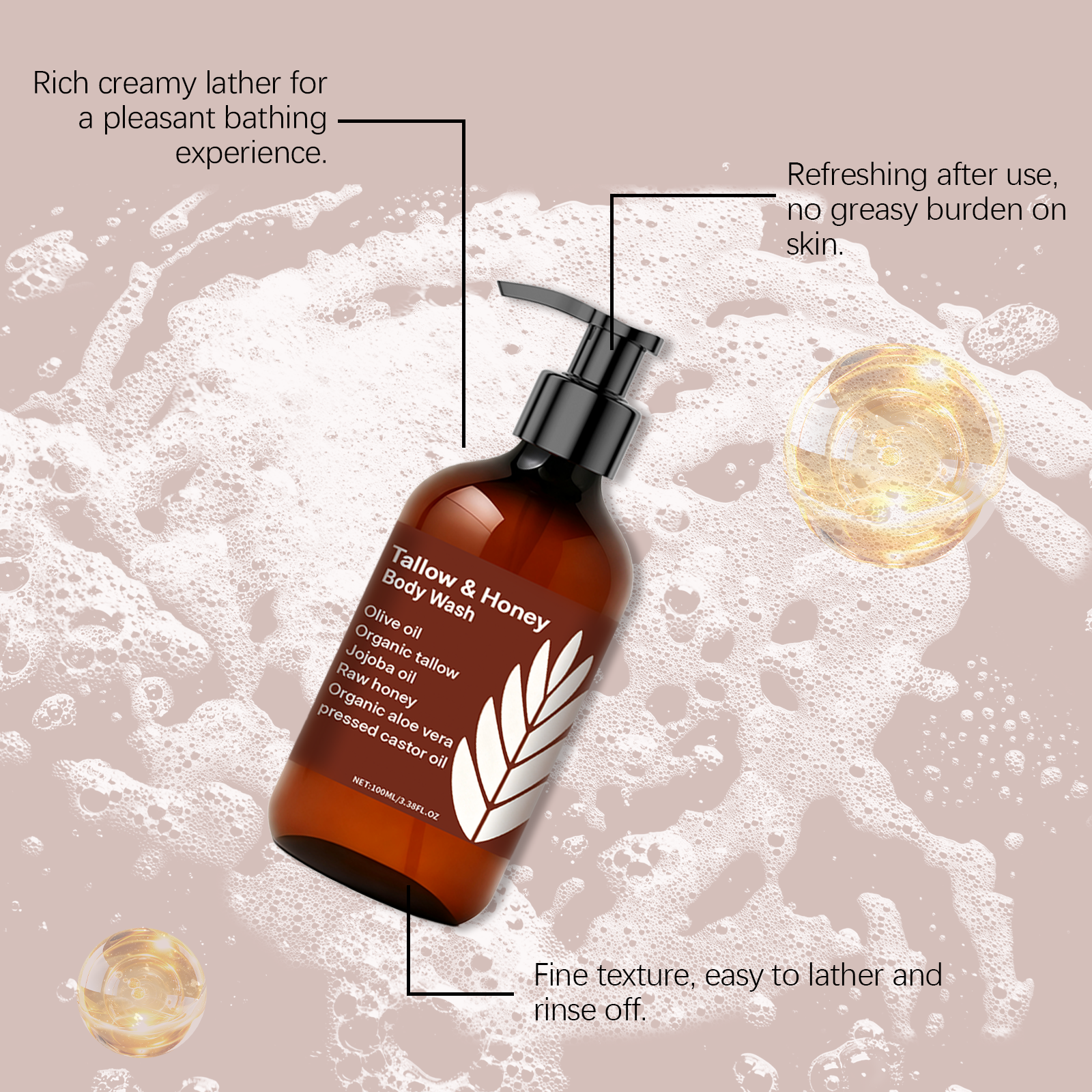 Tallow Honey Body Wash Mild Cleansing Refreshing Moisturizing Hydrating Skin Purifying Care Gentle For Human Skin
