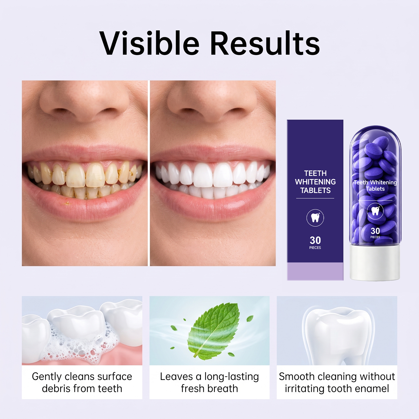 Purple Tooth Tablets Mild Gentle Cleansing Teeth Surface Stains Fresh Breath Comfort Oral Care Daily Portable