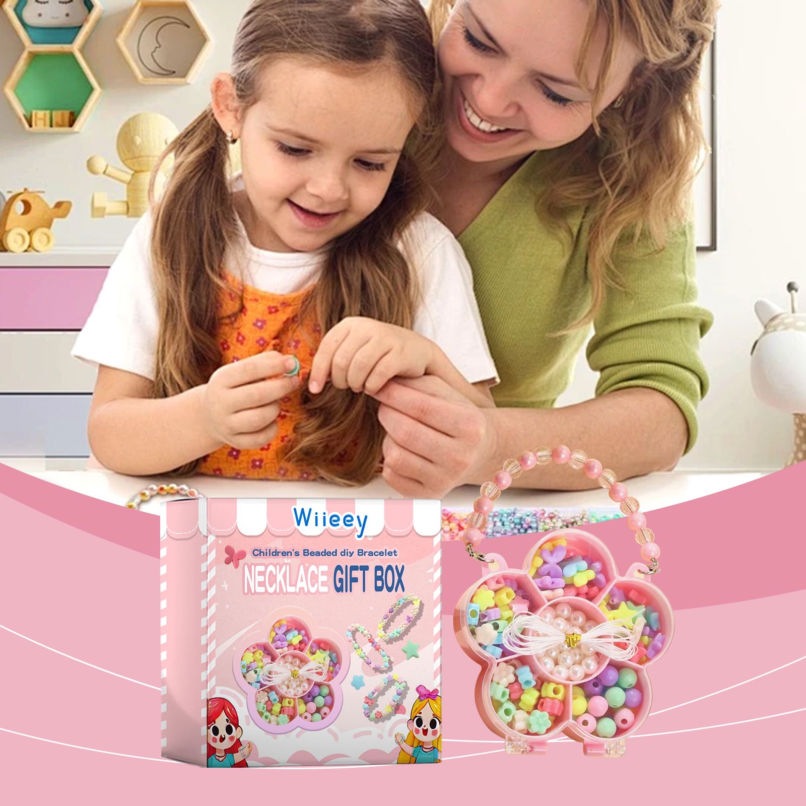 Kids DIY Bead Jewelry Kit For Bracelet And Necklace Making Creative Craft Set