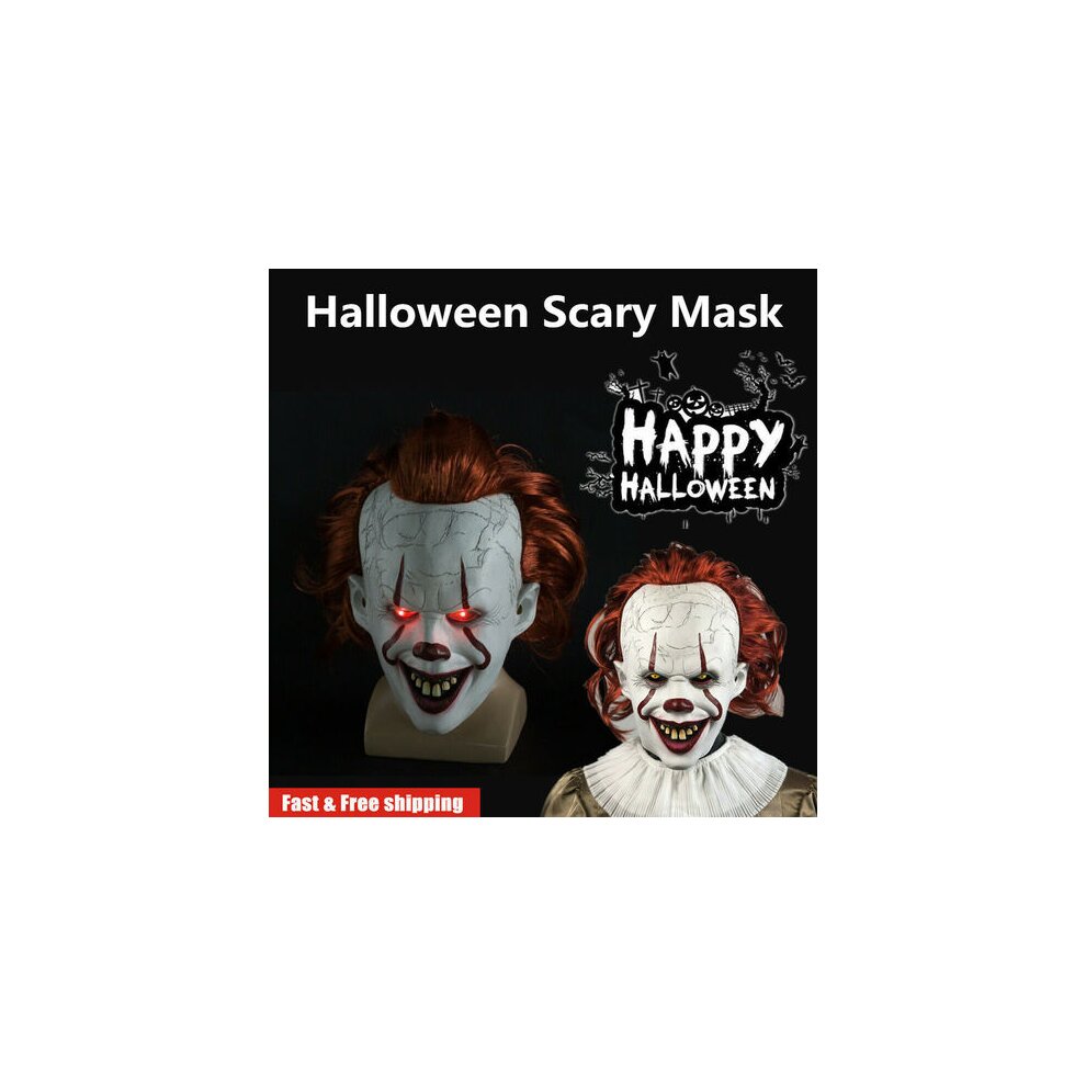Halloween Mask IT Pennywise Clown Mask with Hair LED Light Up Overhead Latex Halloween Party Costume Props Adult Cosplay Easter Joker Role Playing