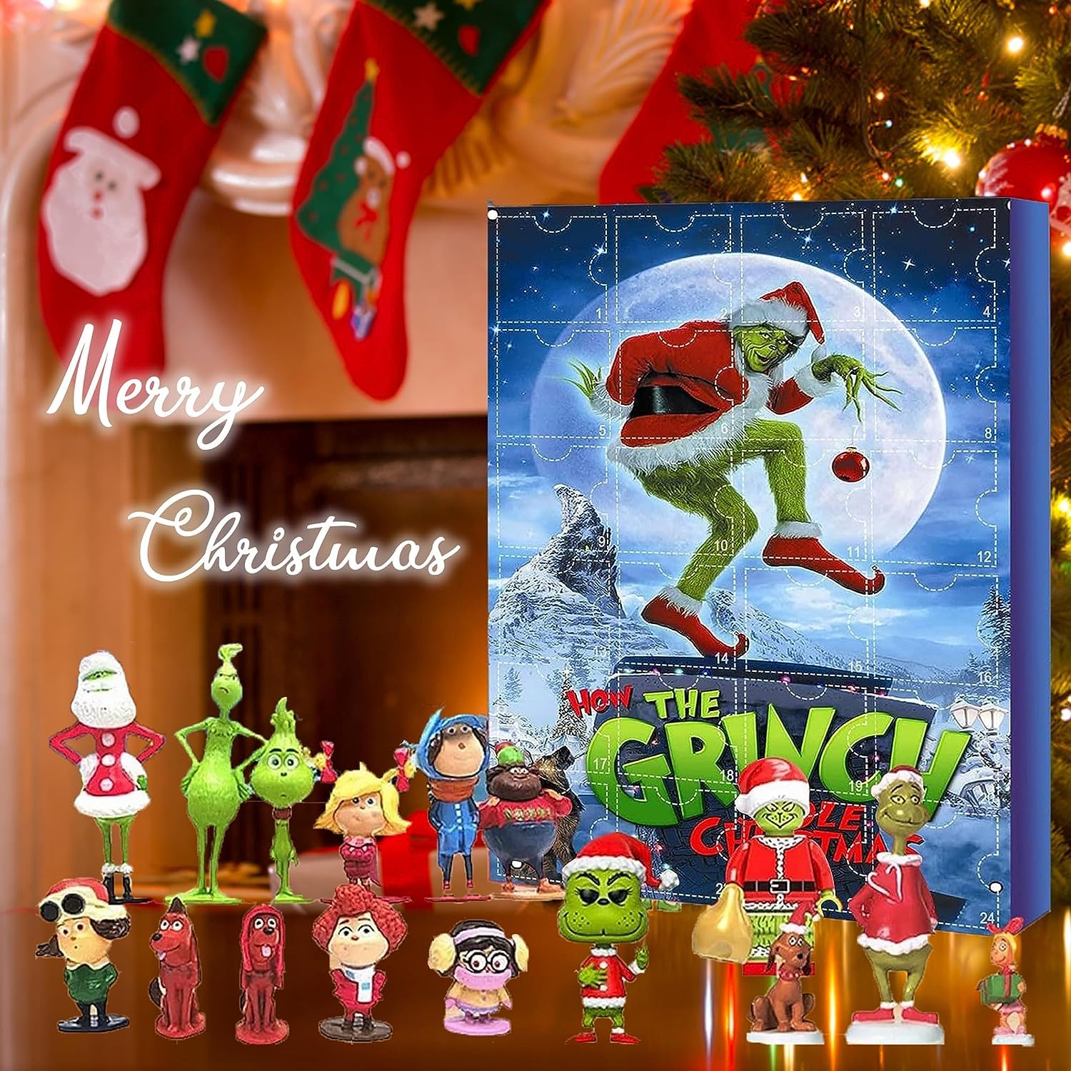 Christmas Grinch Advent Calendar 24 Days of Christmas Countdown Calendar with Action Figures Doll Surprise Toys Mystery Boxes Gifts for Kids Adult