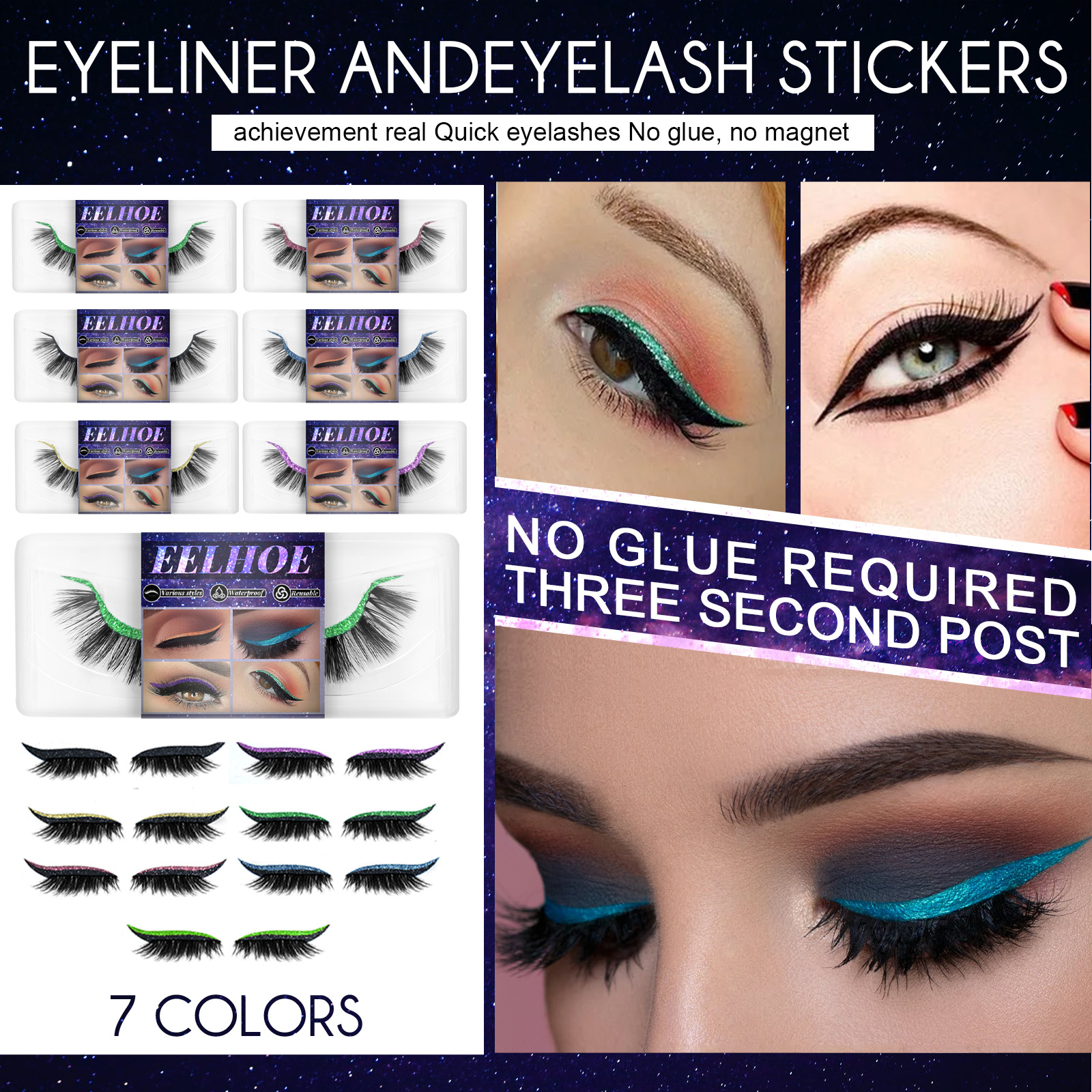 (Blue) False Eyelashes Self-Adhesive European 3D Glue-free Imitation Mink Hair Eyelashes for Stage Eye Makeup