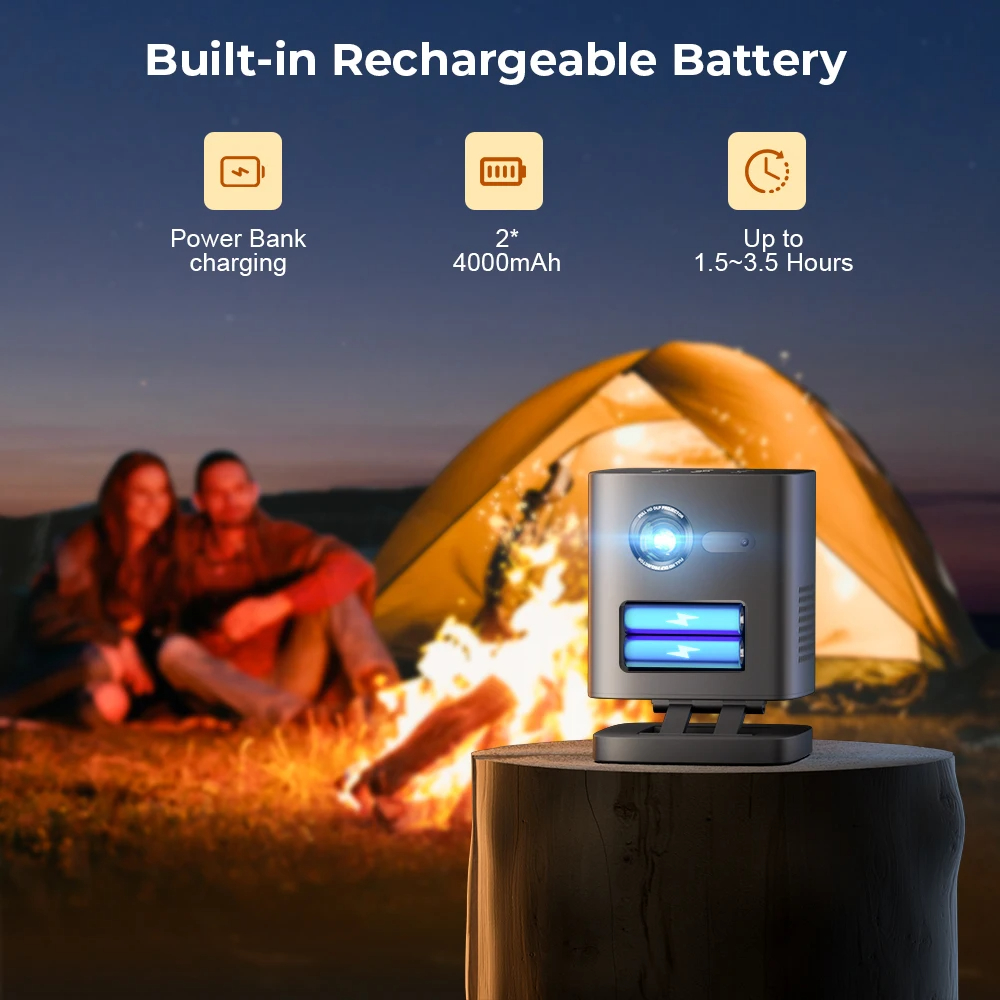 Smart Mini Projector with 90° Adjustable Base Stand 7800mAh Battery Powered Portable 3D 4K Android Projector