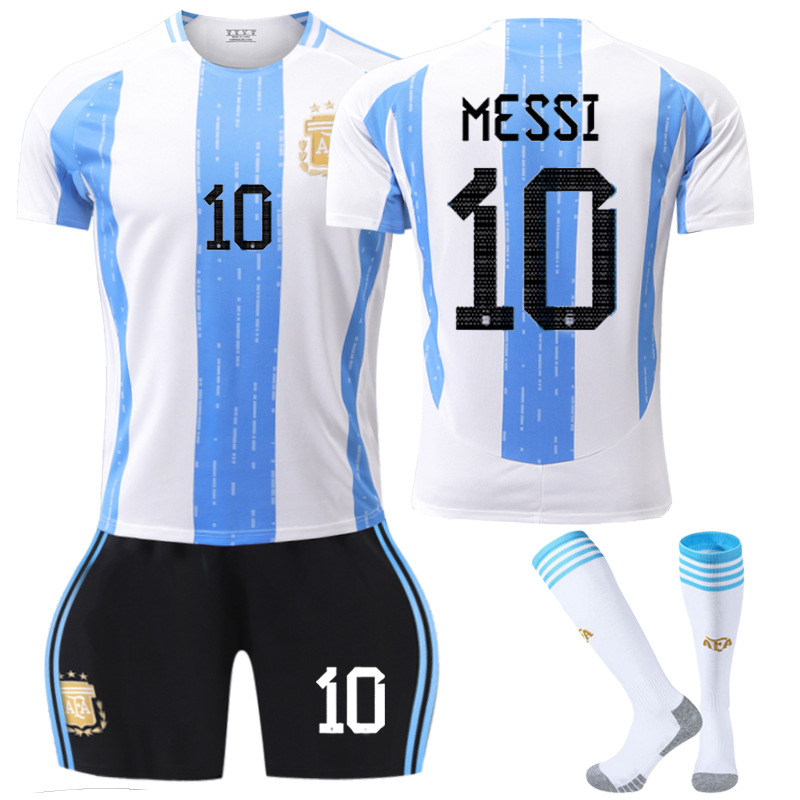 (Kids 2~3 Years) Argentina Messi Jersey Set for Children and Boys Football Jersey 2024 2025 No.10 Soccer Shorts Shirt Socks Set Sportswear Tracksuit Gifts for Fans