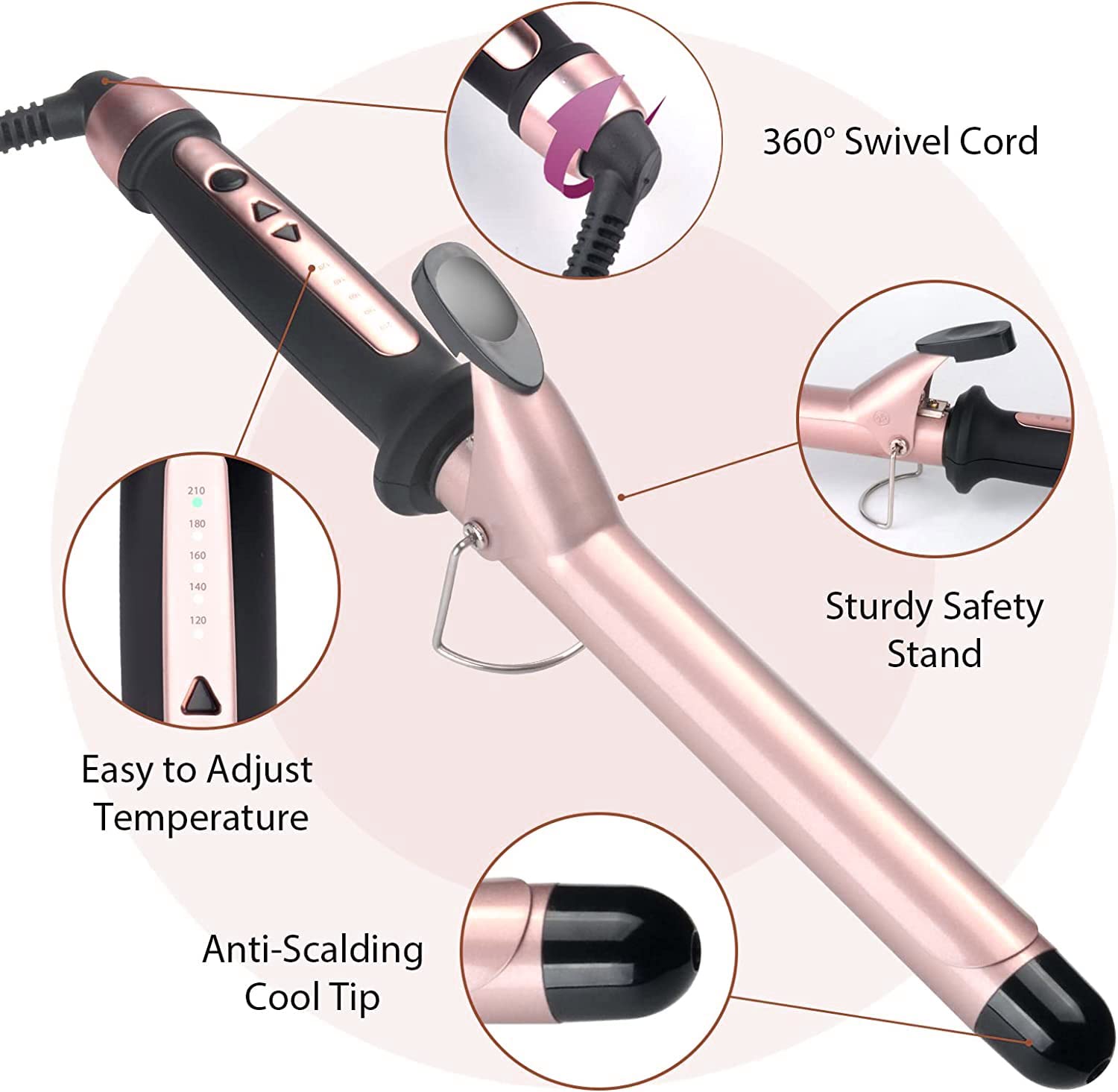 38mm Curling Wand Hair Curler Large Barrel Curling Iron Curling Tongs Adjustable Auto-Off