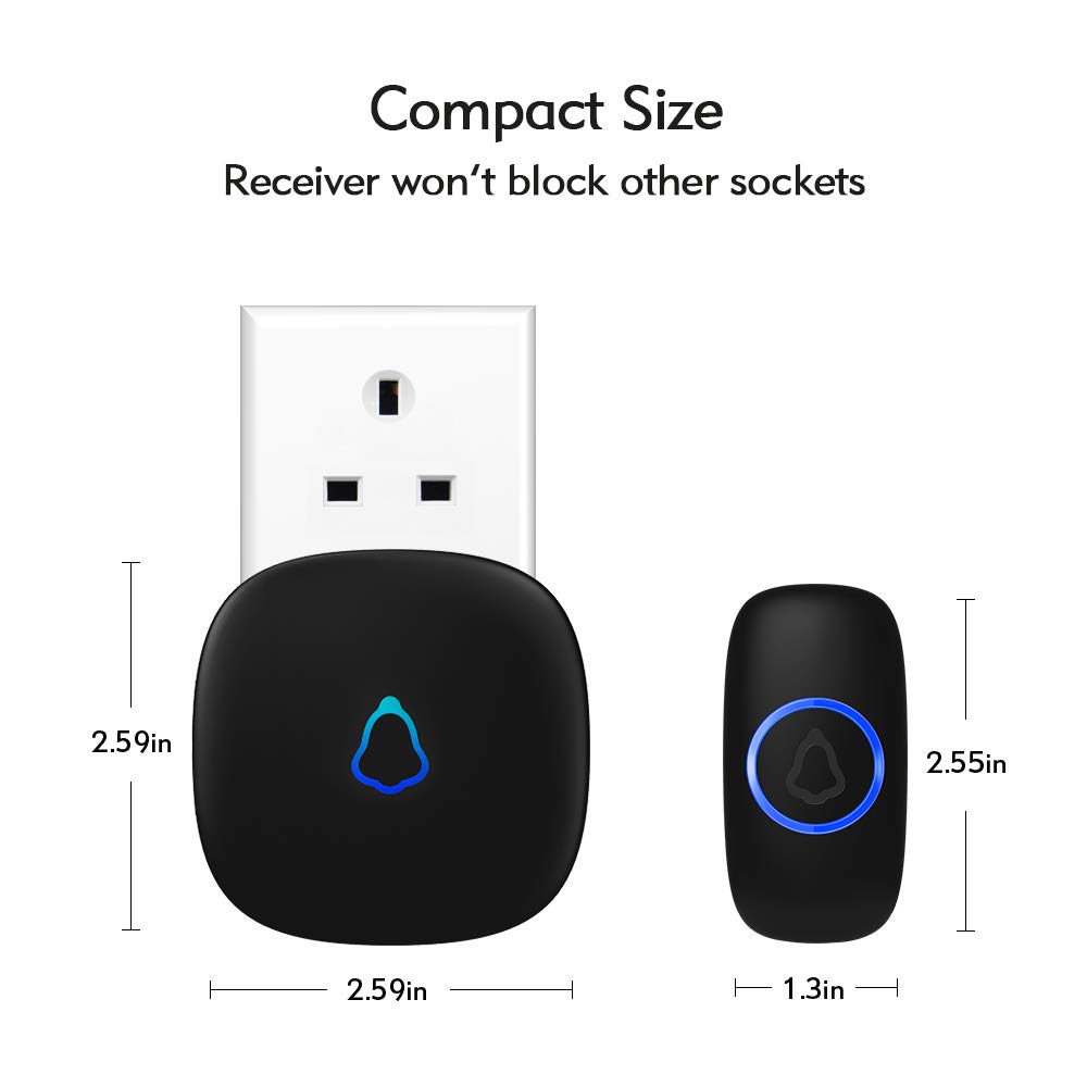 (Black) SECRUI Wireless Doorbell Plug in Waterproof Battery Operated Cordless Doorbell Operating at 1000 Feet Long Range with 58 Chimes 5 Volume Levels LED Light Easy Install for Home School Office