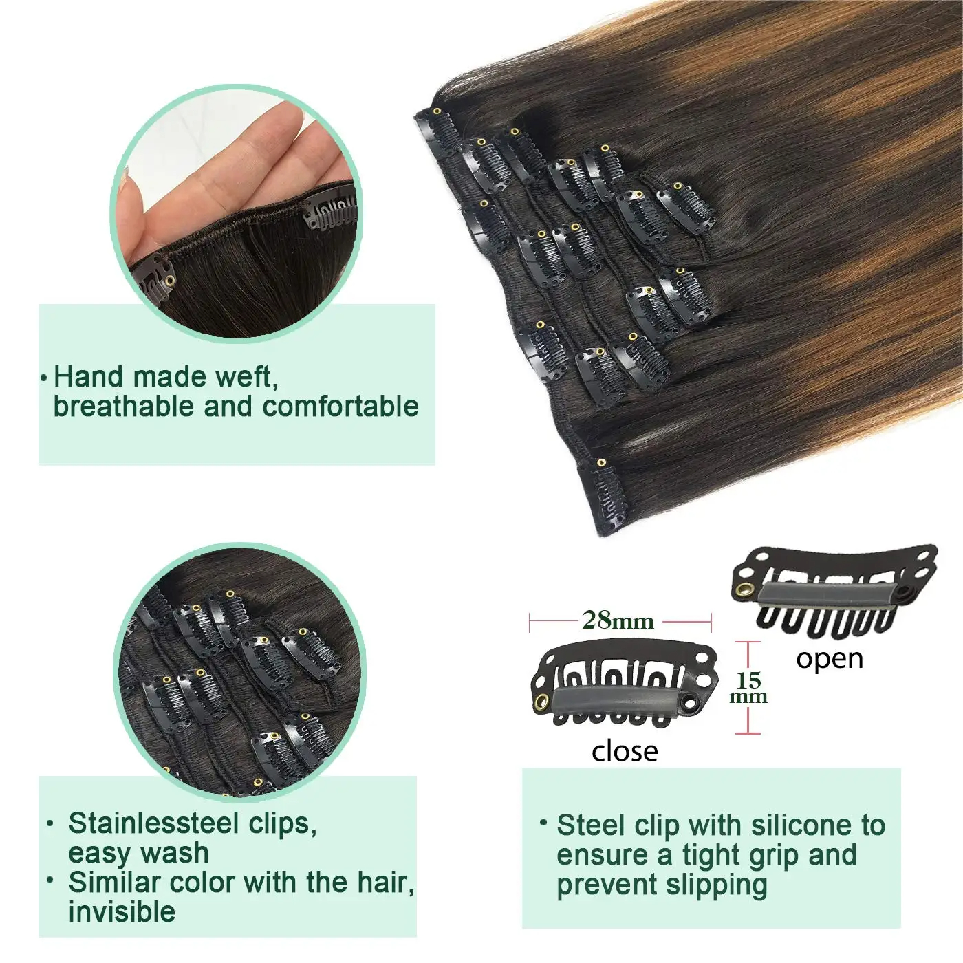 (14inch 75g) Clip In Human Hair Extensions Straight Natural Light Brown Honey Ombre Balayage Black Hair Pieces For Women Clip-in Full Head