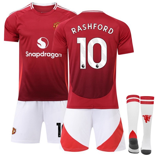 2425 Manchester United Home No 10 Rashford Kids Football Jersey Kit Boys Girls Suit Sports Fans Soccer Jersey Set