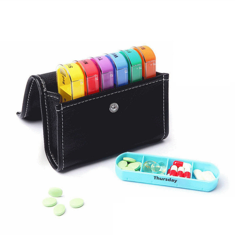 (Black) Weekly Pill Organizer Box Case Portable Travel Medication Container Daily AM PM Day Night 7 Day Compartments in Leather Carrying Case for Vitamins