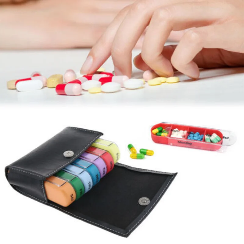 (Black) Weekly Pill Organizer Box Case Portable Travel Medication Container Daily AM PM Day Night 7 Day Compartments in Leather Carrying Case for Vitamins