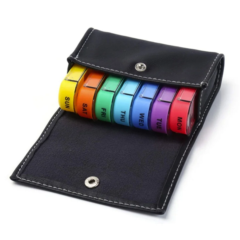 (Black) Weekly Pill Organizer Box Case Portable Travel Medication Container Daily AM PM Day Night 7 Day Compartments in Leather Carrying Case for Vitamins