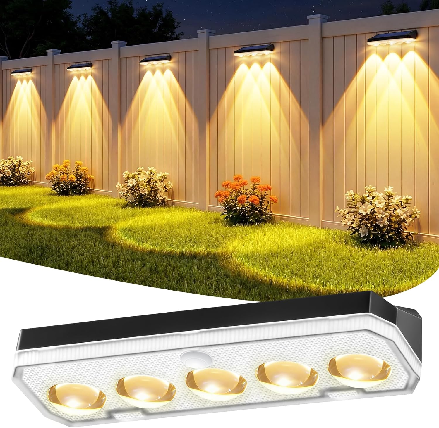 Solar Fence Lights Outdoor 4 Pack Solar Lights Outdoor Garden Warm White/Cool White and RGB 8 Colors 5 Lens 40 Lighting Modes IP65 Waterproof Outside Wall 