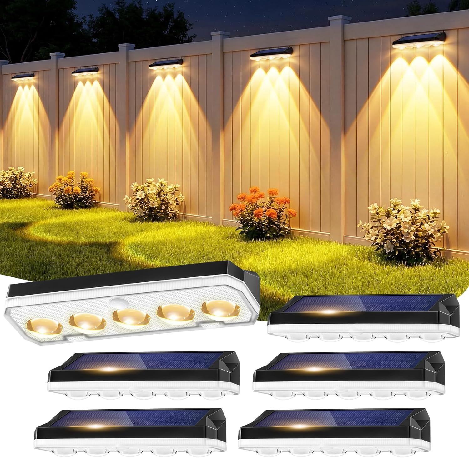 (1 PCS) Solar Fence Lights Outdoor 4 Pack Solar Lights Outdoor Garden Warm White/Cool White and RGB 8 Colors 5 Lens 40 Lighting Modes IP65 Waterproof Outside Wall 