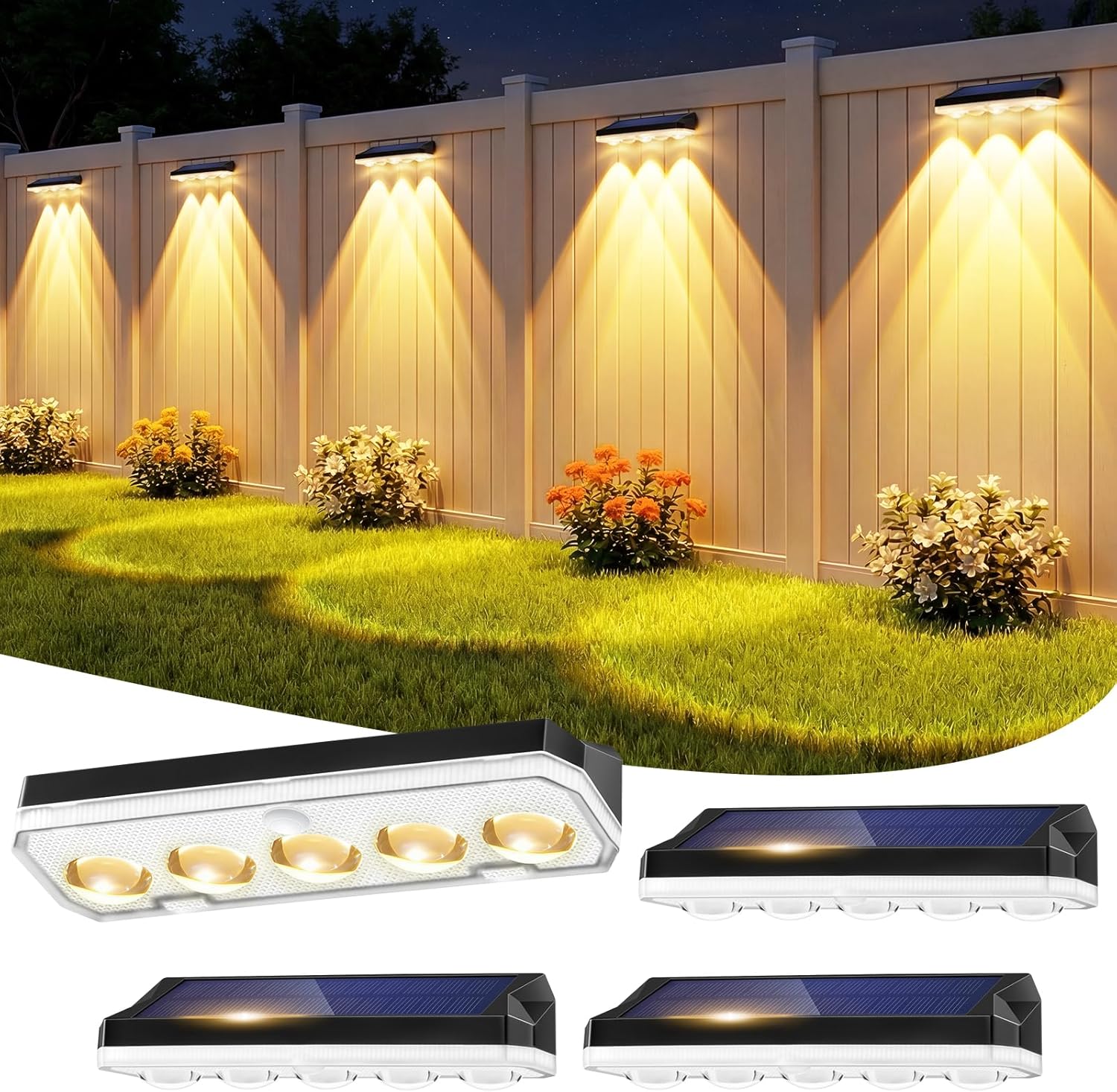(1 PCS) Solar Fence Lights Outdoor 4 Pack Solar Lights Outdoor Garden Warm White/Cool White and RGB 8 Colors 5 Lens 40 Lighting Modes IP65 Waterproof Outside Wall 