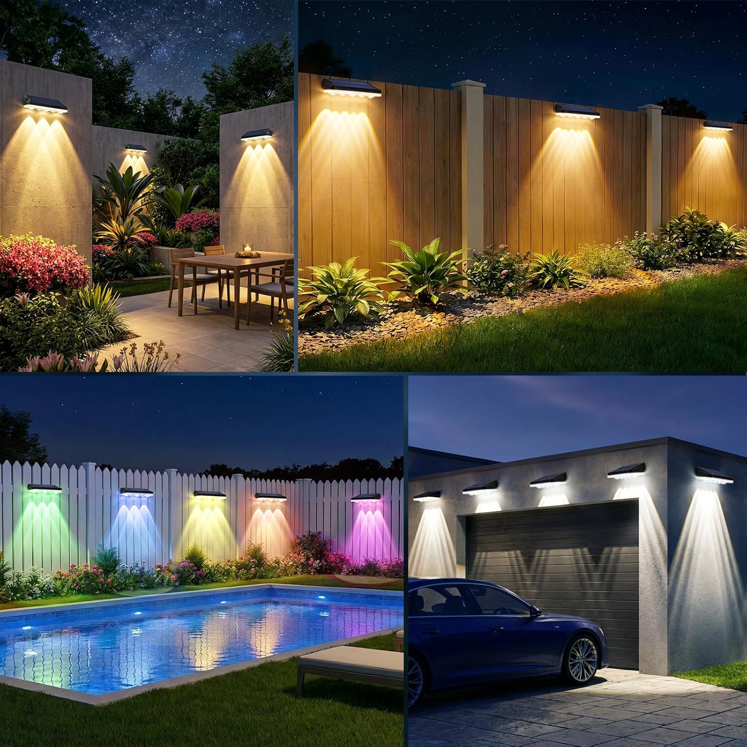 (1 PCS) Solar Fence Lights Outdoor 4 Pack Solar Lights Outdoor Garden Warm White/Cool White and RGB 8 Colors 5 Lens 40 Lighting Modes IP65 Waterproof Outside Wall 