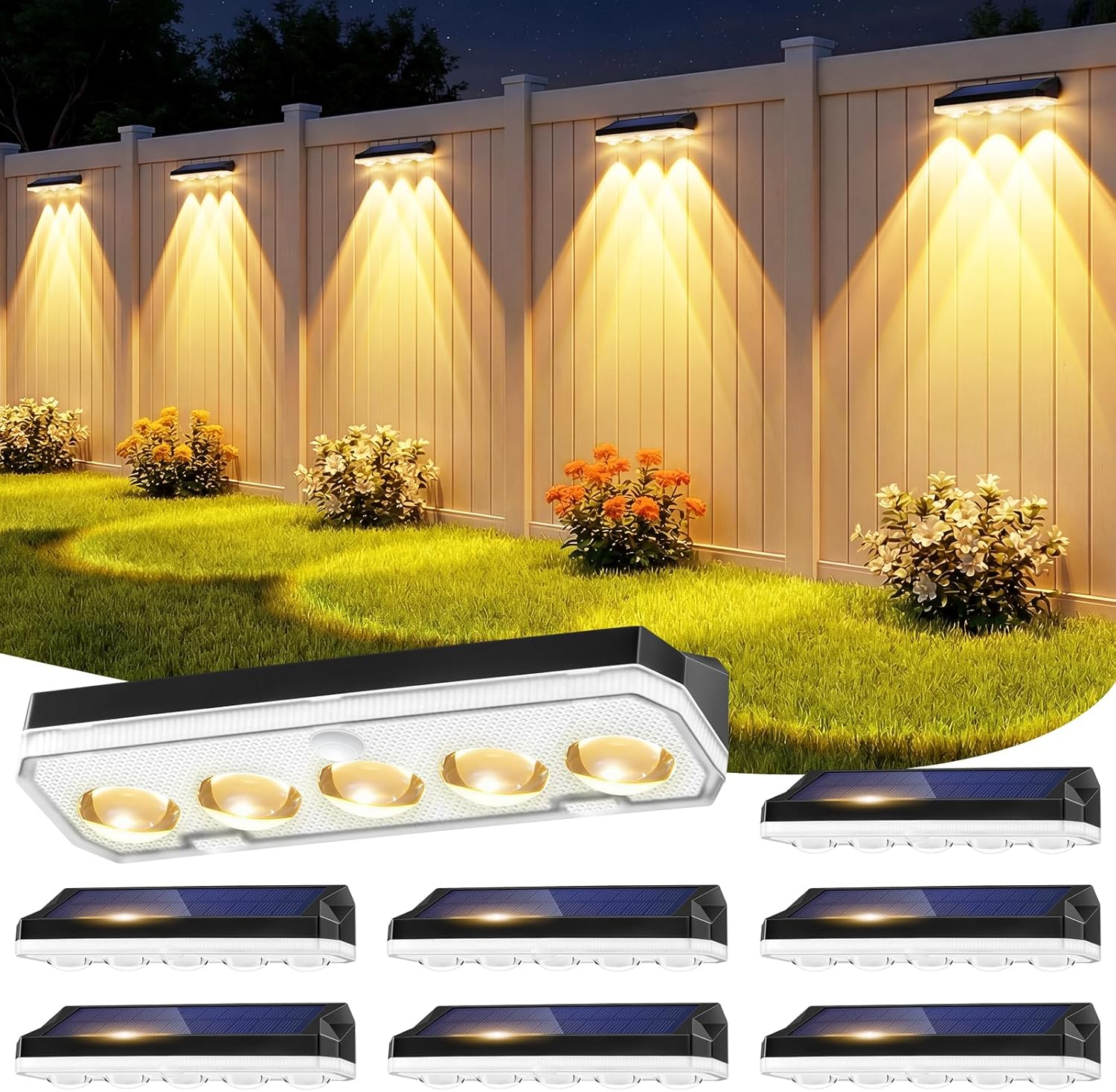 (1 PCS) Solar Fence Lights Outdoor 4 Pack Solar Lights Outdoor Garden Warm White/Cool White and RGB 8 Colors 5 Lens 40 Lighting Modes IP65 Waterproof Outside Wall 