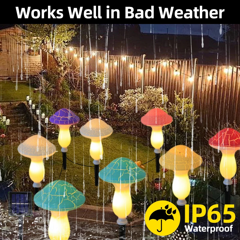 (3 heads) Solar Garden Decor Lights Crack Mushrooms Outdoor Decor Stake String Lights Waterproof Solar Pathway Lights Christmas Decoration