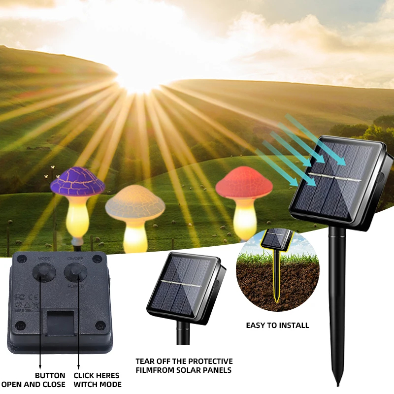 (3 heads) Solar Garden Decor Lights Crack Mushrooms Outdoor Decor Stake String Lights Waterproof Solar Pathway Lights Christmas Decoration